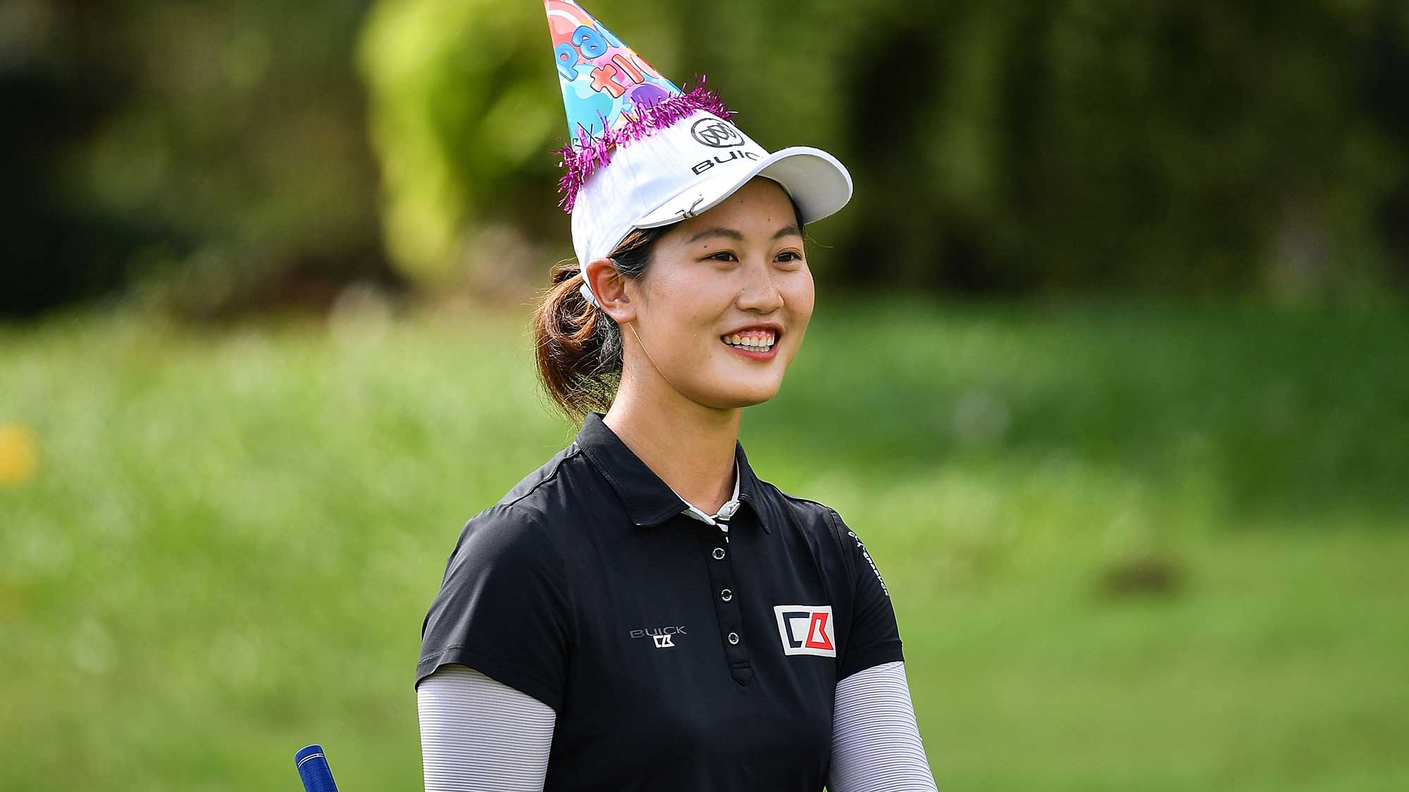 Xi Yu Lin of China wears her birthday 21st celebrate hat during the Honda LPGA Thailand