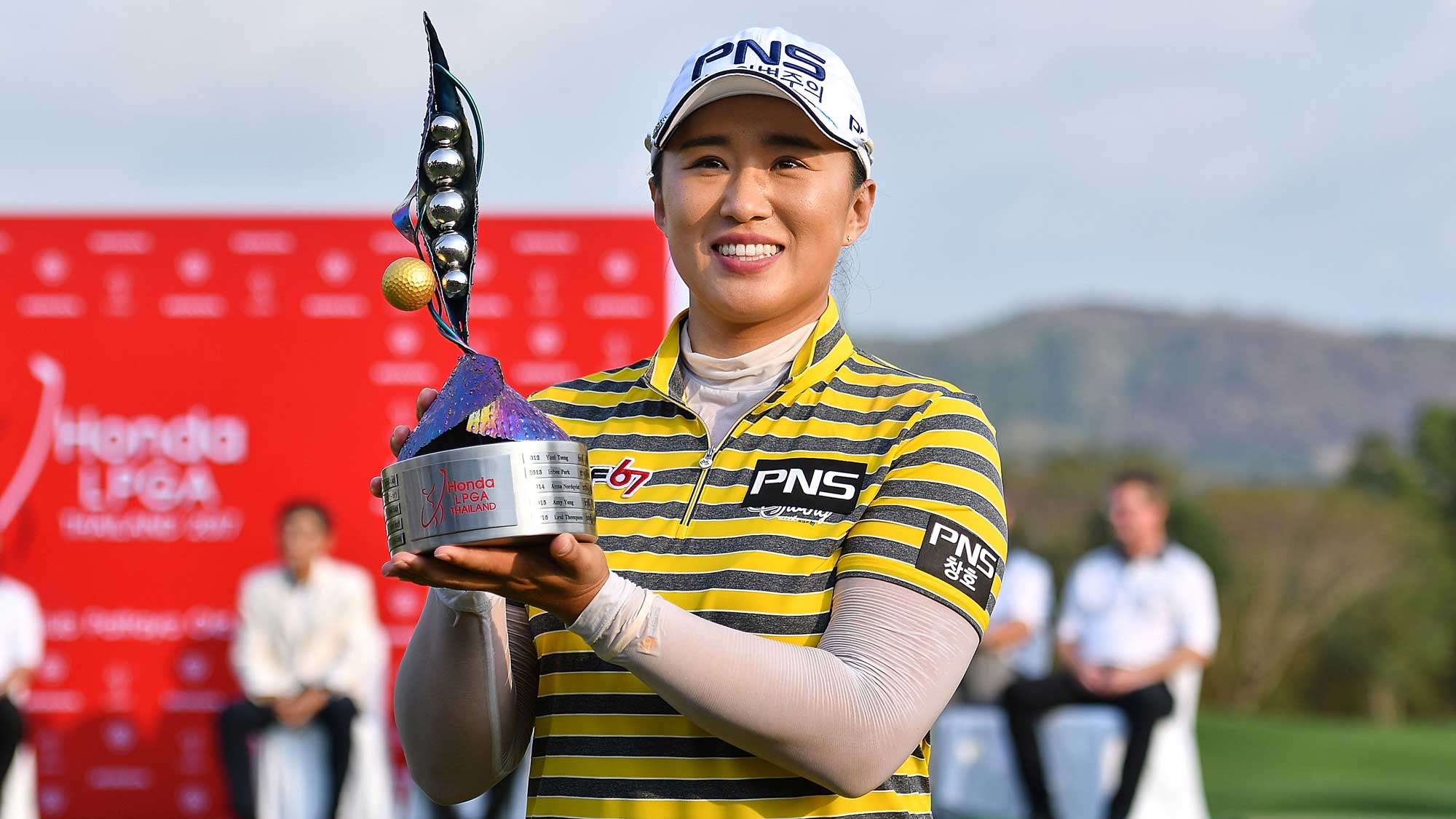 Amy Yang of Republic of Korea poses with the trophy on the 18th green after winning the Honda LPGA Thailand