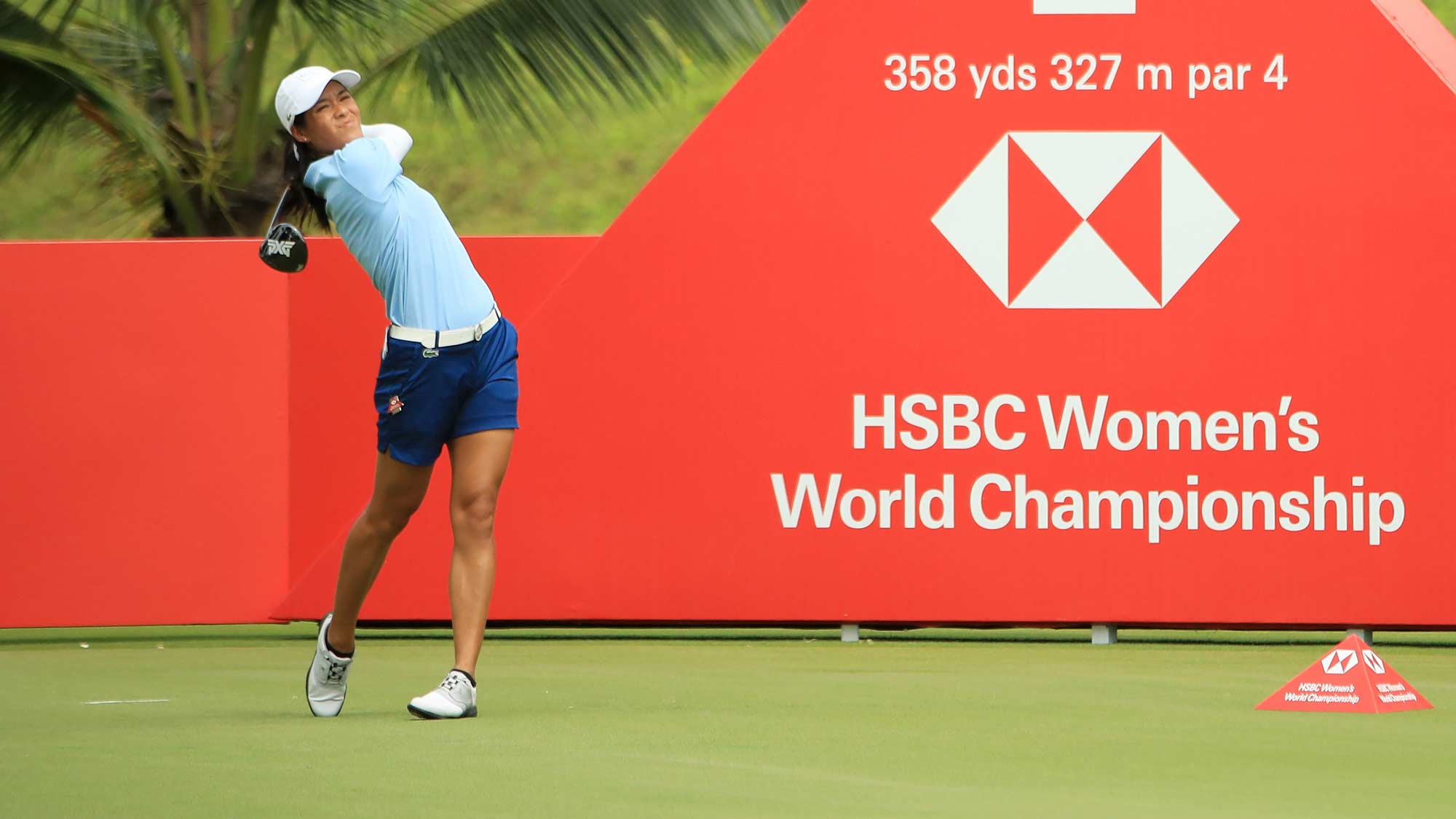  Celine Boutier of France plays her shot from the second tee during the first round of the HSBC Women's World Championship at Sentosa Golf Club on February 28, 2019 in Singapore.