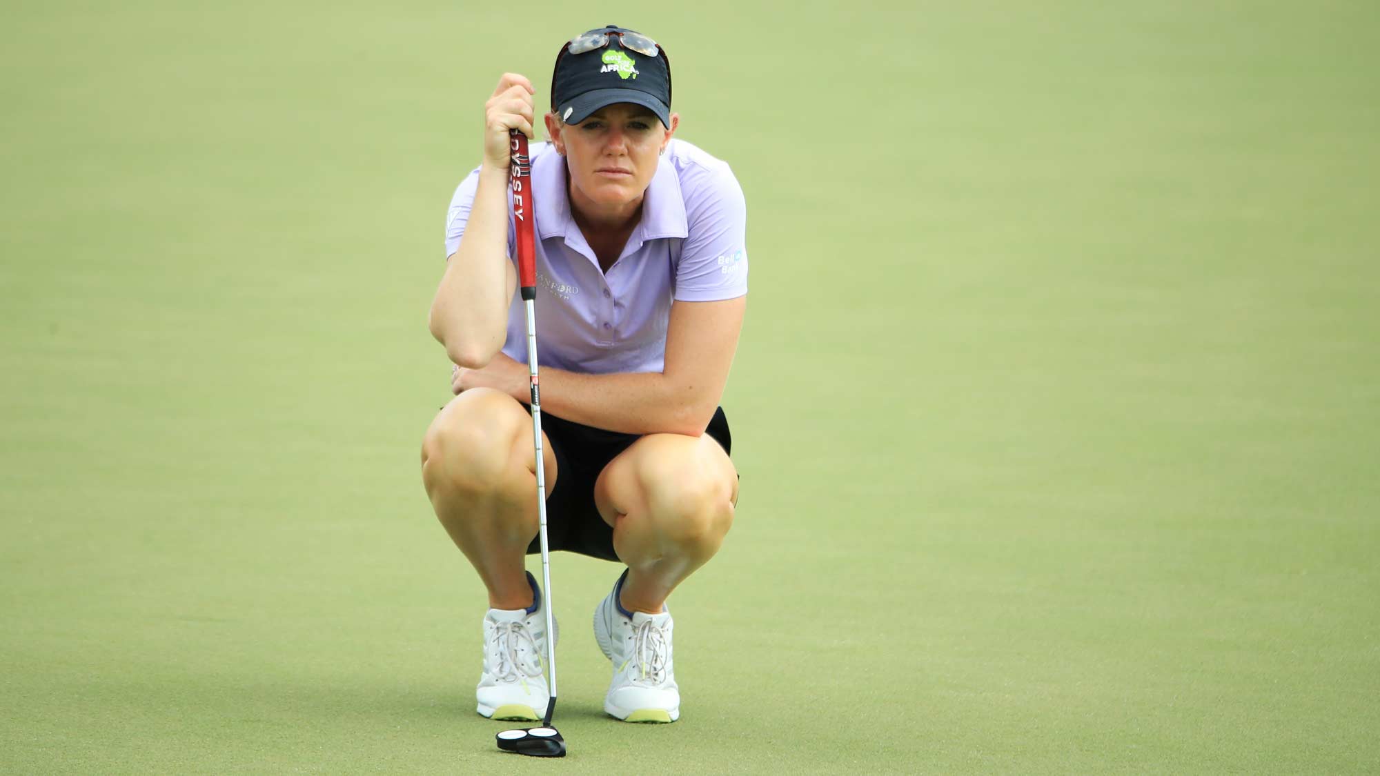 Amy Olson of the United States lines up a putt on the 18th green during the second round of the HSBC Women's World Championship at Sentosa Golf Club on March 01, 2019 in Singapore.