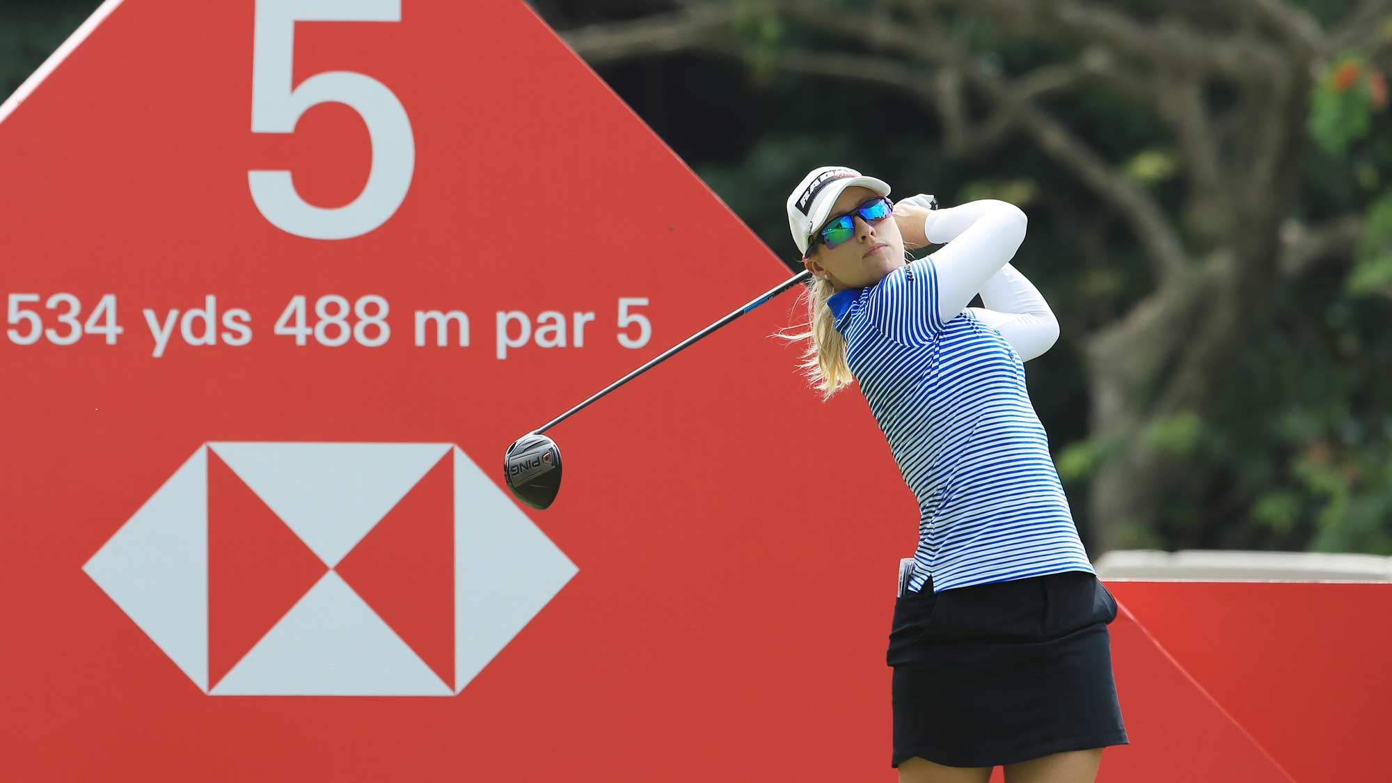 Jodi Ewart Shadoff of England plays her shot from the fifth tee during the second round of the HSBC Women's World Championship at Sentosa Golf Club on March 01, 2019 in Singapore. 