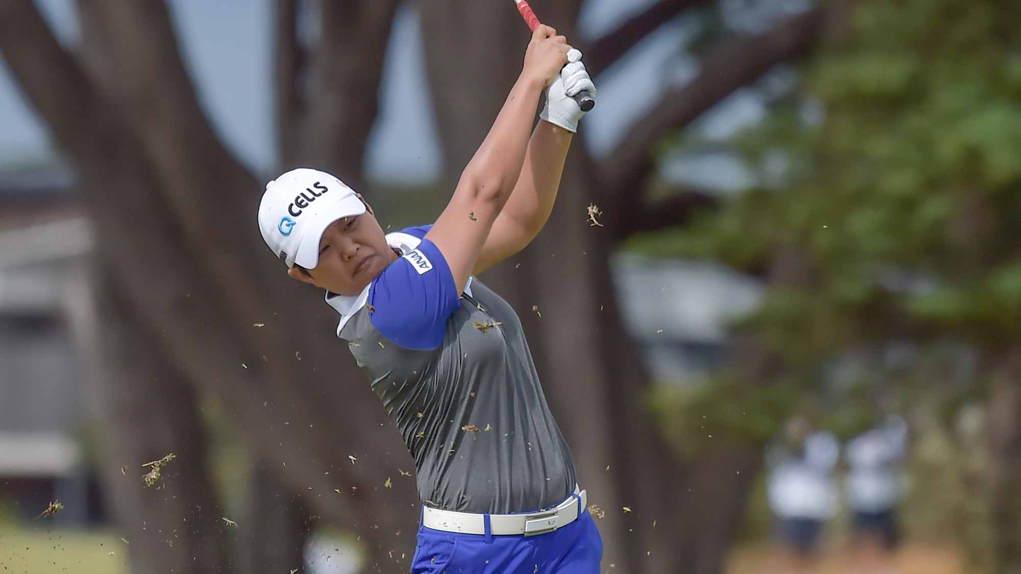 Haru Nomura hits a shot during the second round of the ISPS Handa Vic Open in Geelong, Australia on February 8, 2019