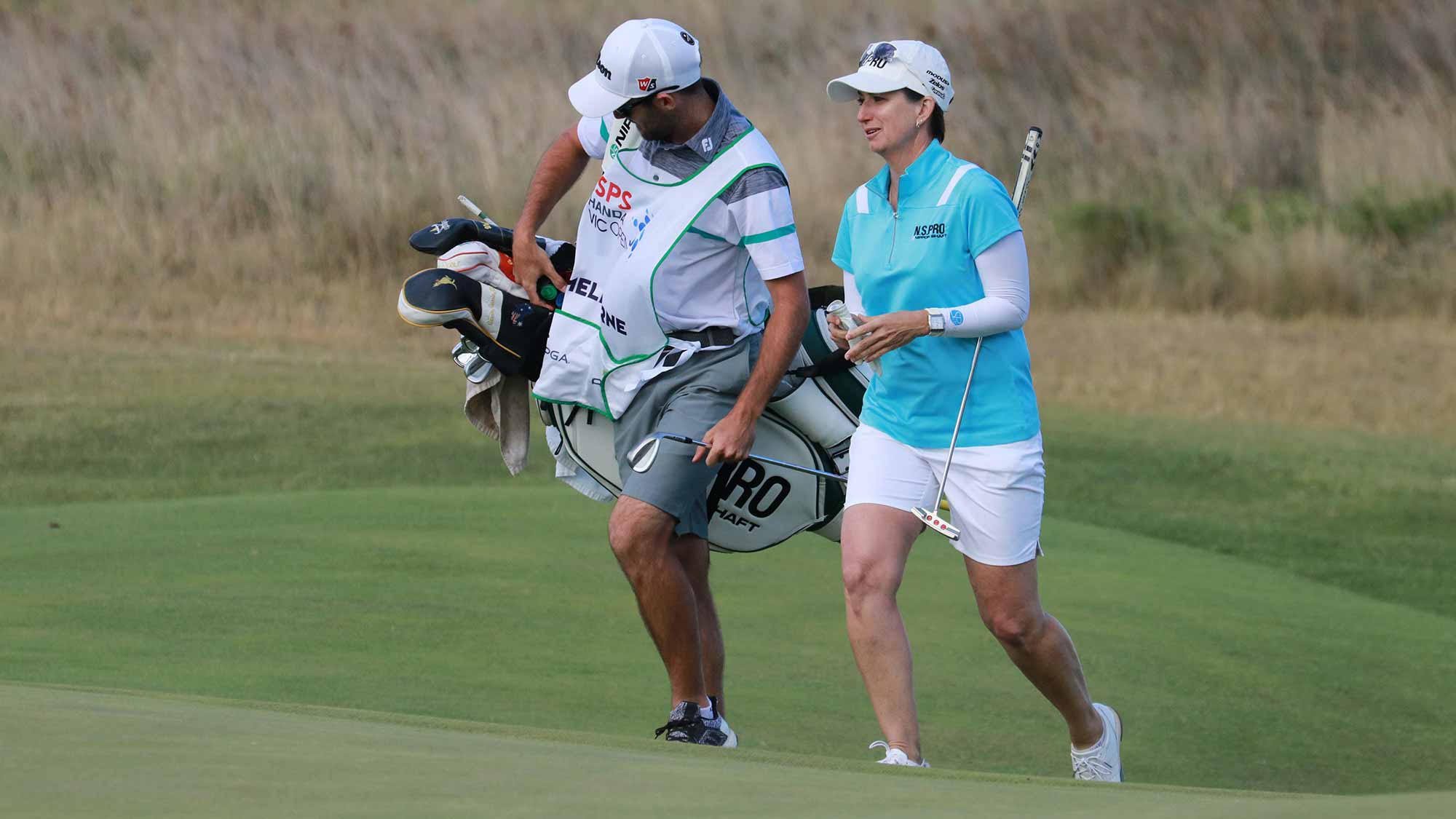 Karrie Webb walks with her caddie during the second round of the ISPS Handa Vic Open in Geelong, Australia on February 8, 2019