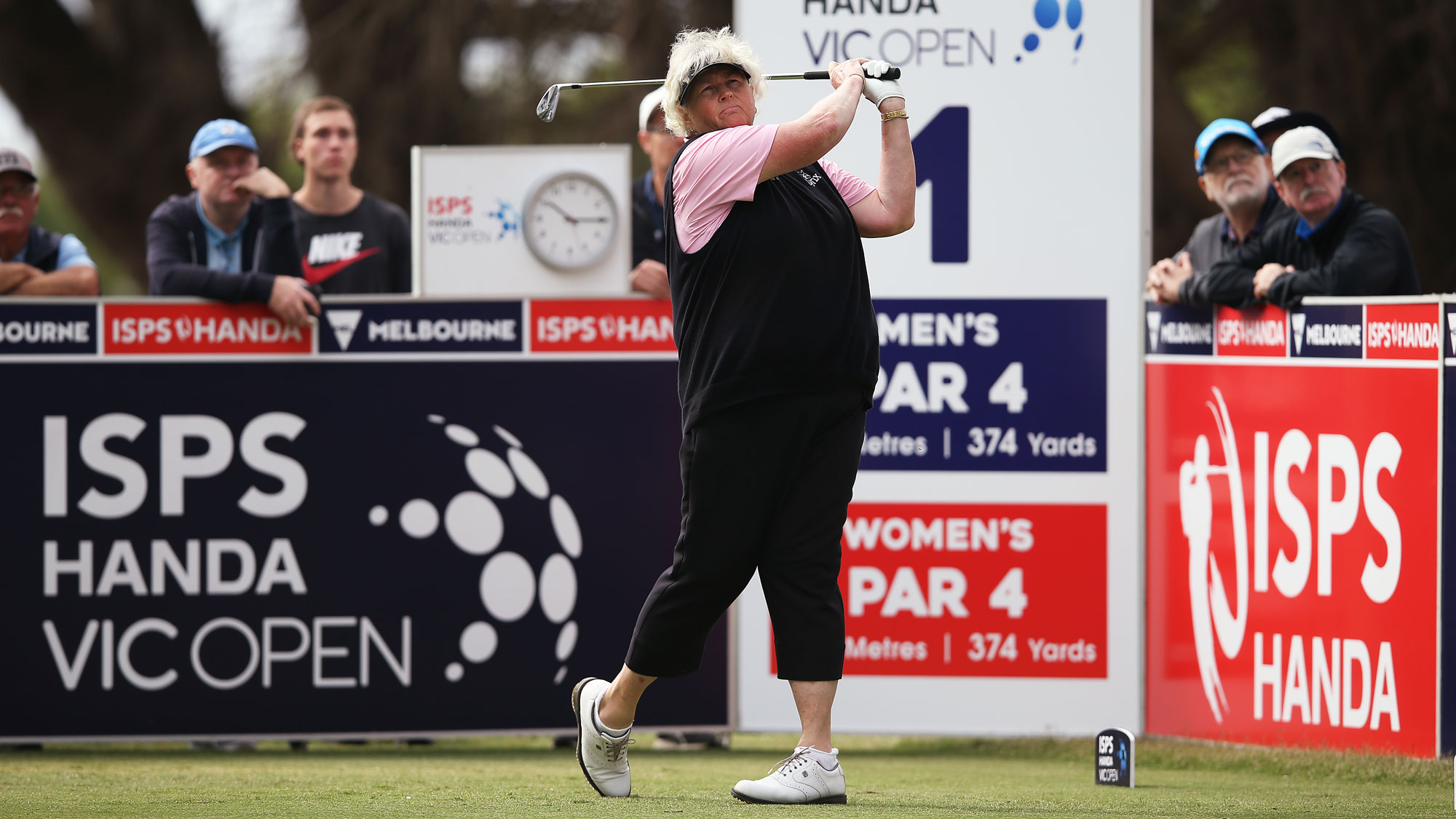Laura Davies tees off during Round 1 of the ISPS Handa Vic Open
