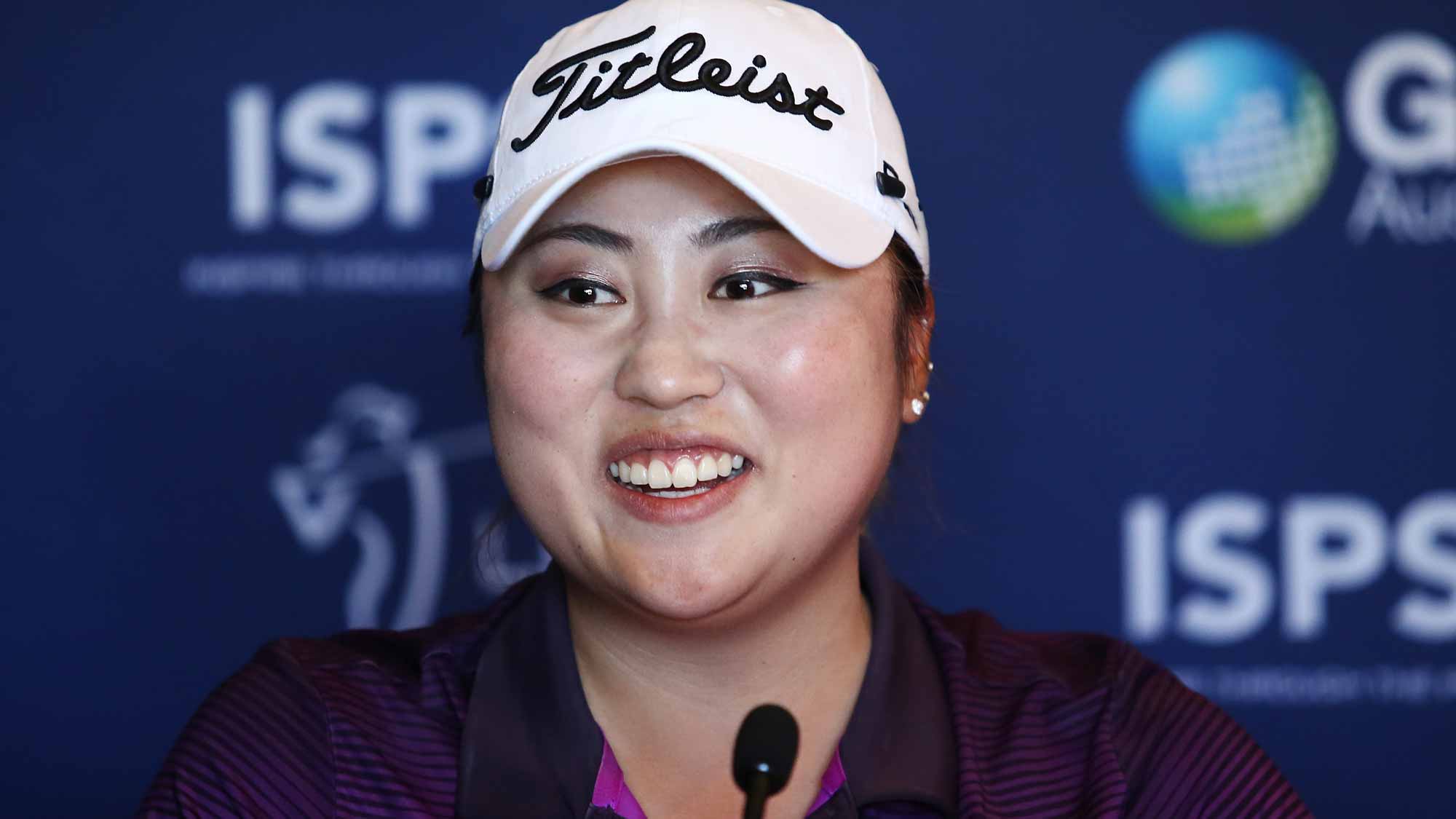 Soobin Kim of South Korea speaks to media after leading during day one of the ISPS Handa Women's Australian Open