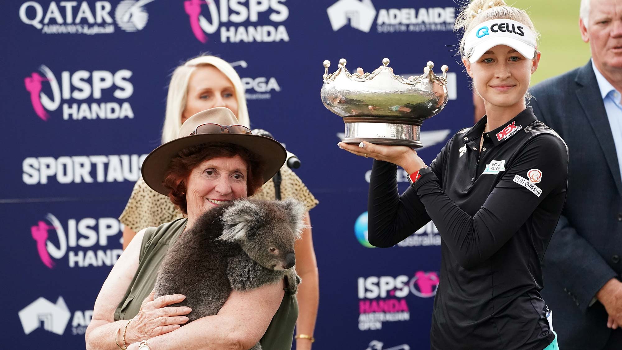 Nelly Korda of the USA with the trophy and Honey the koala during day four of the 2019 ISPS Handa Women's Australian Open