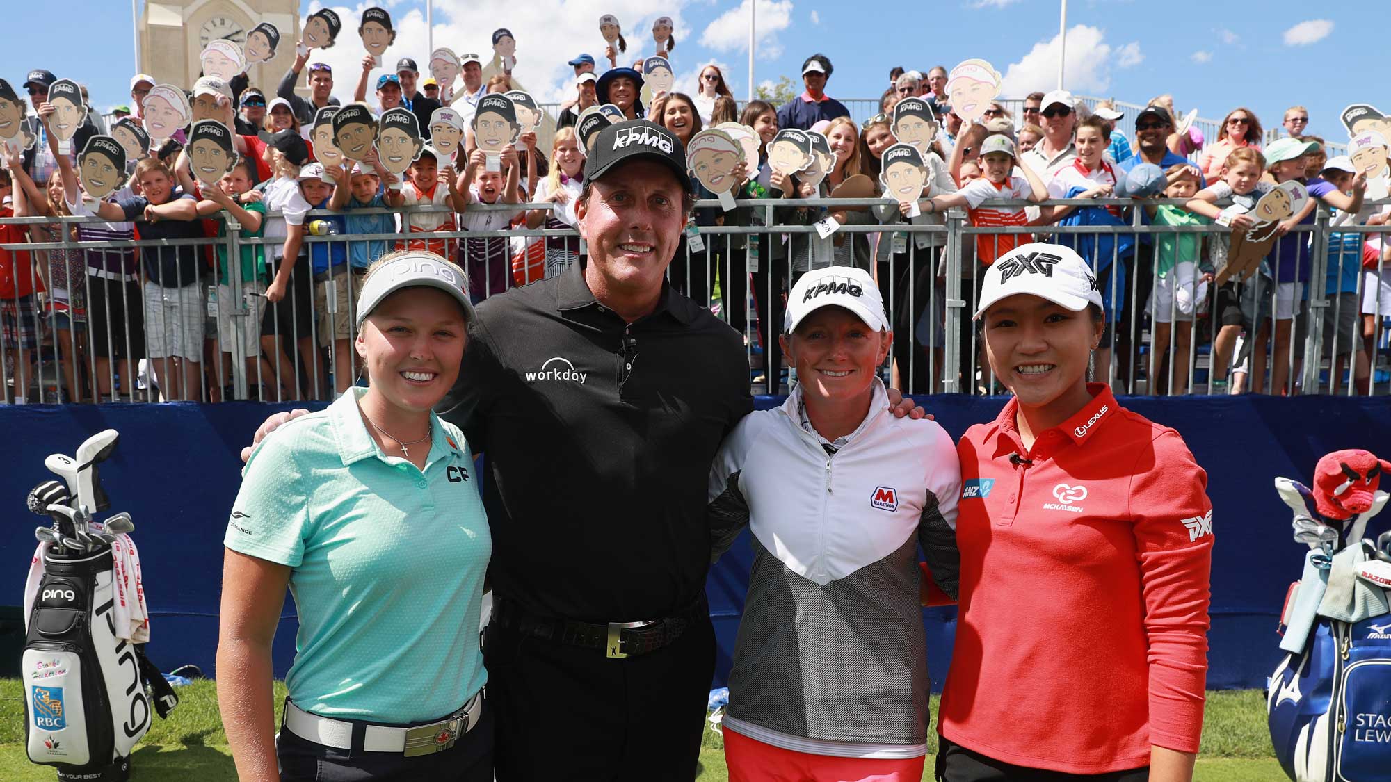 (L-R) Brooke Henderson, Phil Mickelson, Stacy Lewis and Lydia Ko pose together during a skills challenge prior to the start of the 2017 KPMG Women's PGA Championship