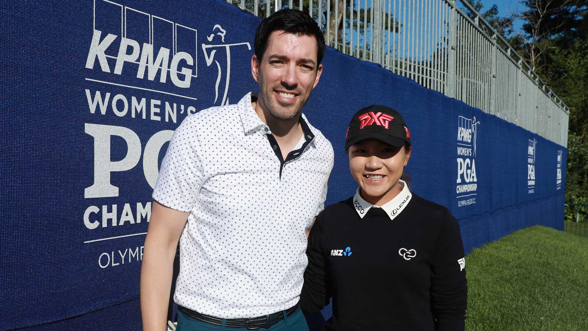 Drew Scott of HGTV (L) poses with Lydia Ko during the pro-am prior to the start of the 2017 KPMG Women's PGA Championship