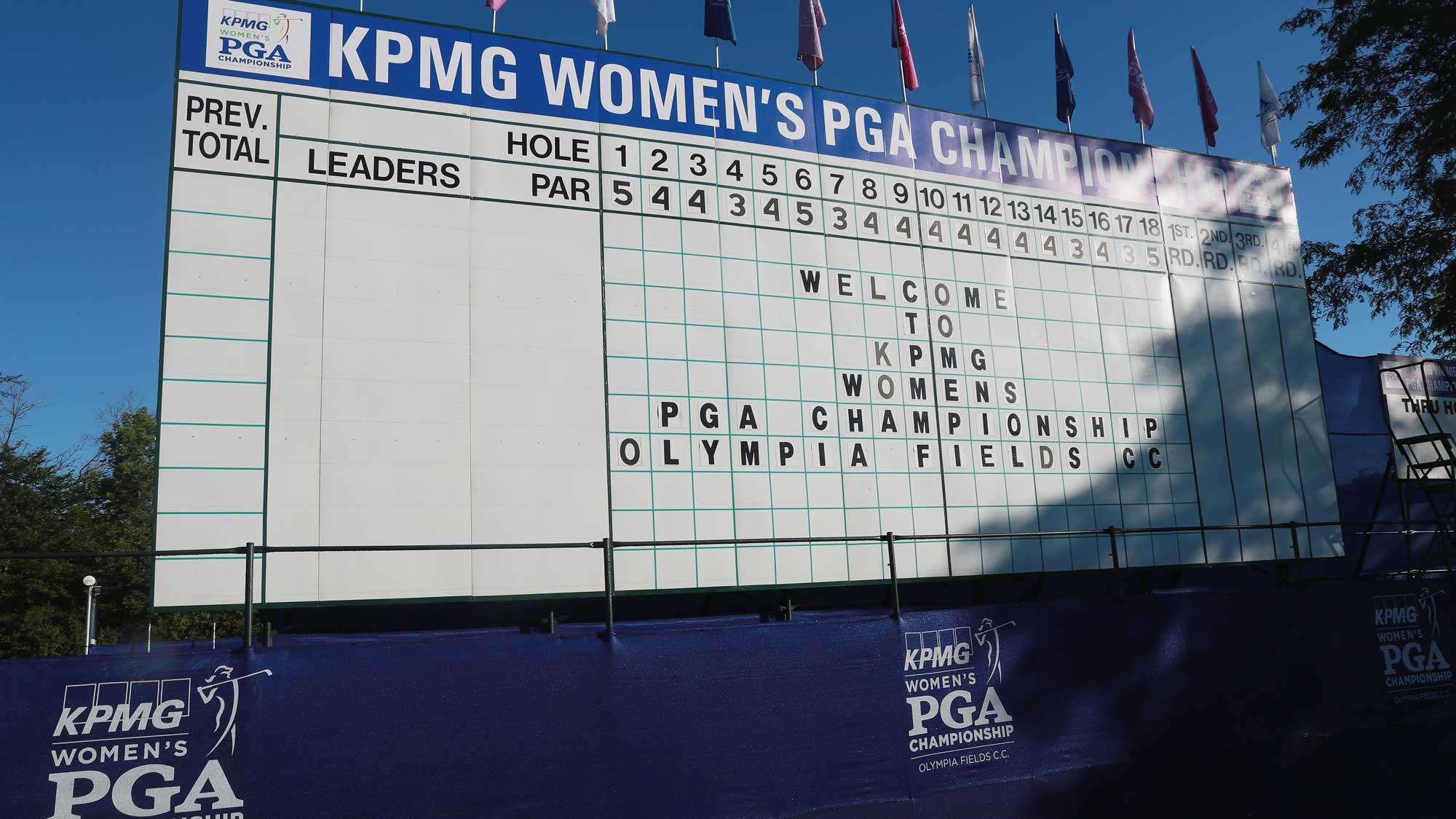 A message is displayed on the main leaderboard on the 18th hole during the pro-am prior to the start of the 2017 KPMG Women's PGA Championship