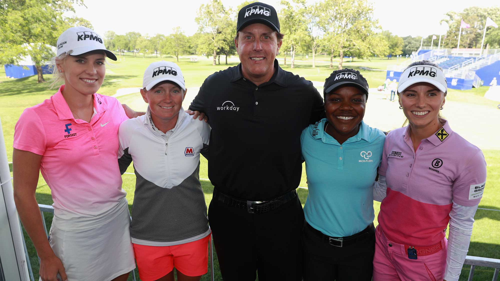  (L-R) Olafia Kristinsdottir, Stacy Lewis, Phil Mickelson, Mariah Stackhouse and Klara Spilkova pose together prior to the start of the 2017 KPMG Women's PGA Championship
