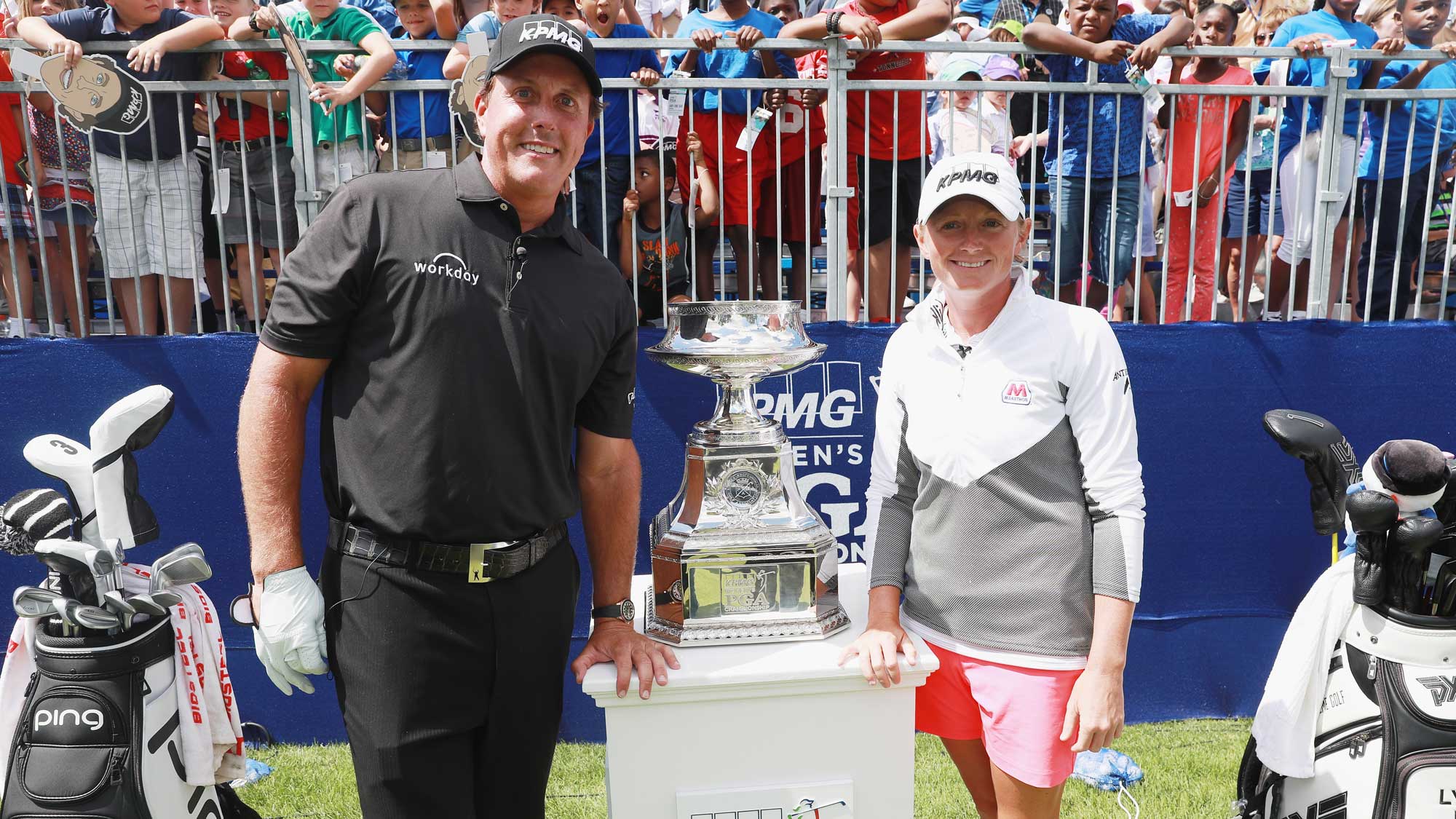 Phil Mickelson (L) and Stacy Lewis pose together during a a skills challenge prior to the start of the 2017 KPMG Women's PGA Championship