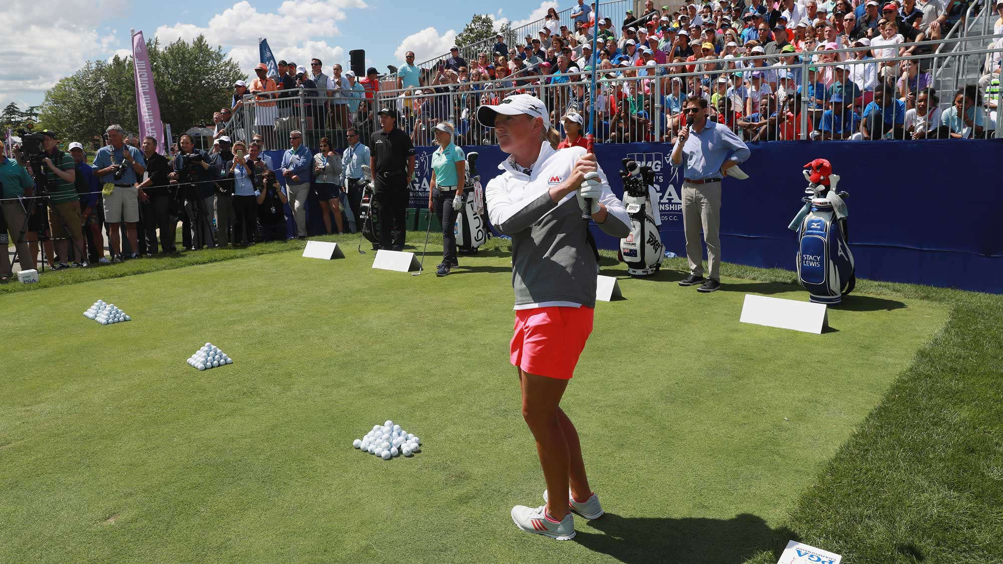 Stacy Lewis hits a shot during a a skills challenge prior to the start of the 2017 KPMG Women's PGA Championship