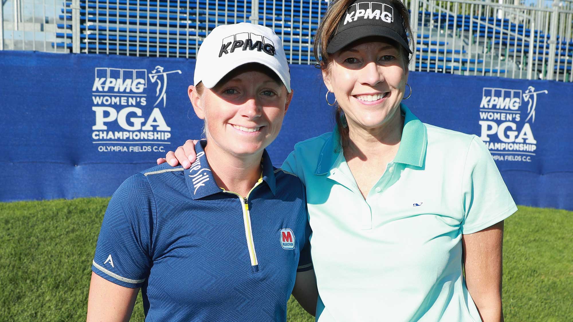 Stacy Lewis (L) poses alongside Lynne Doughtie, Chairman and CEO of KPMG, during the pro-am prior to the start of the 2017 KPMG Women's PGA Championship