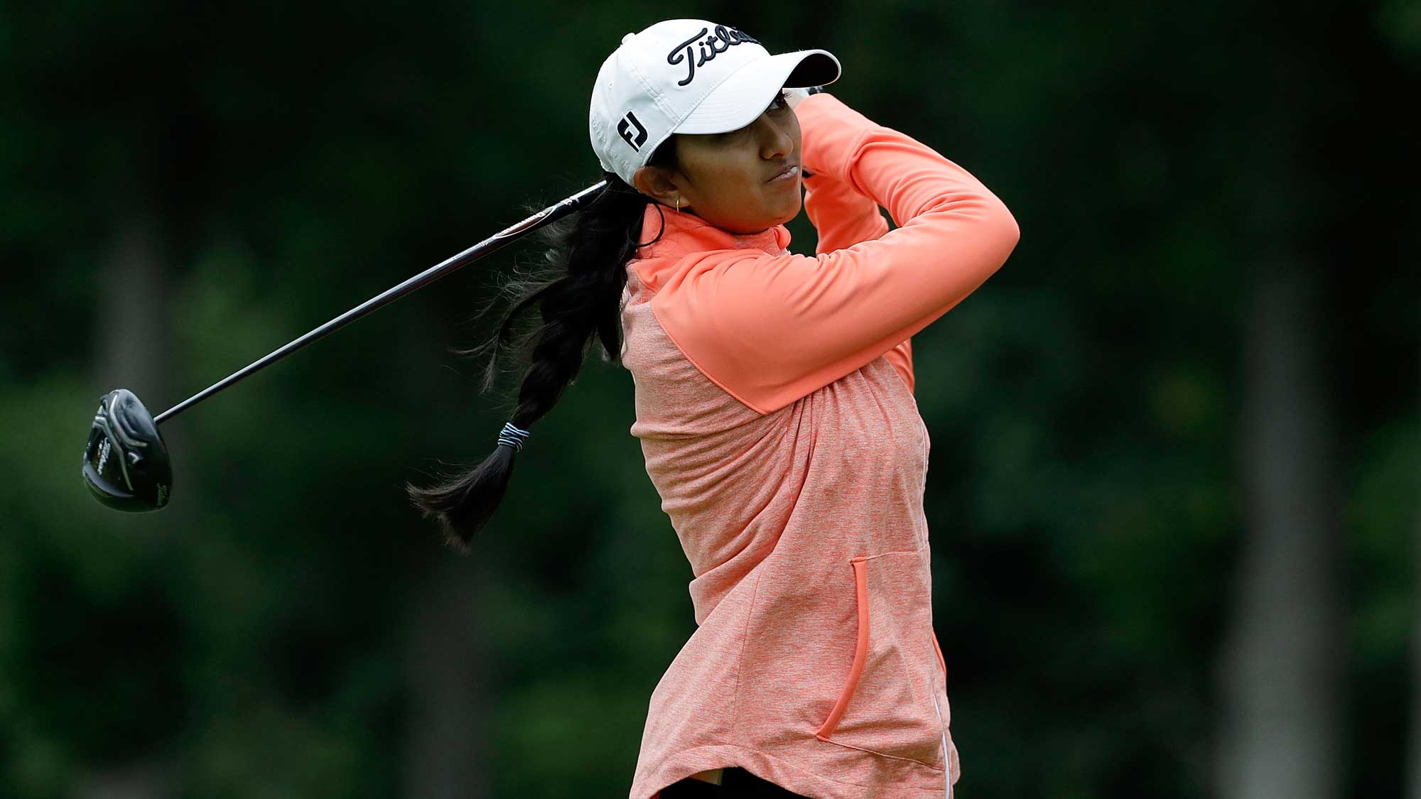 Aditi Ashok of India hits her tee shot on the sixth hole during a practice round prior to the 2017 KPMG PGA Championship
