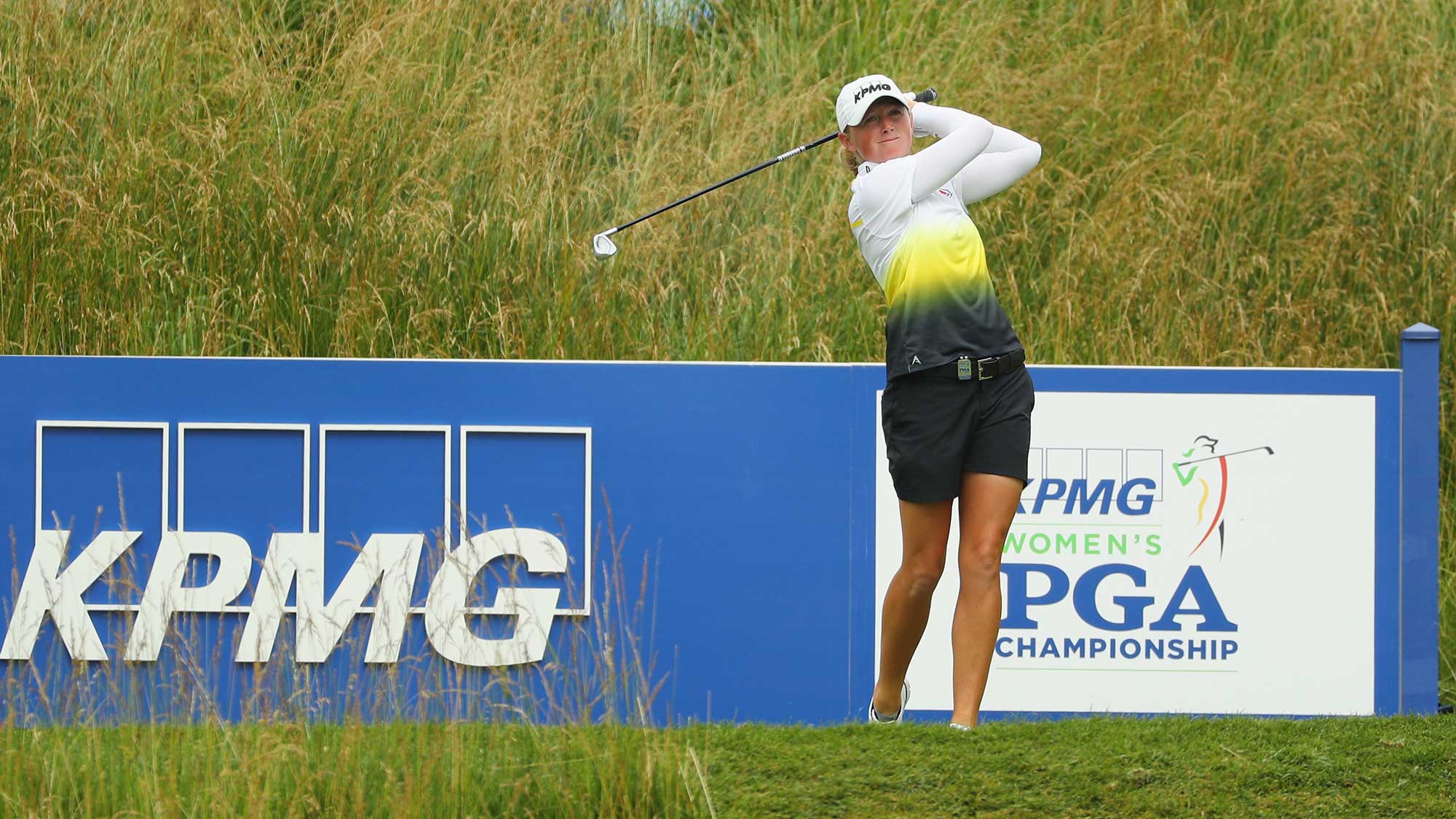 Stacy Lewis watches a tee shot on the 16th hole during the second round of the 2017 KPMG Women's PGA Championship