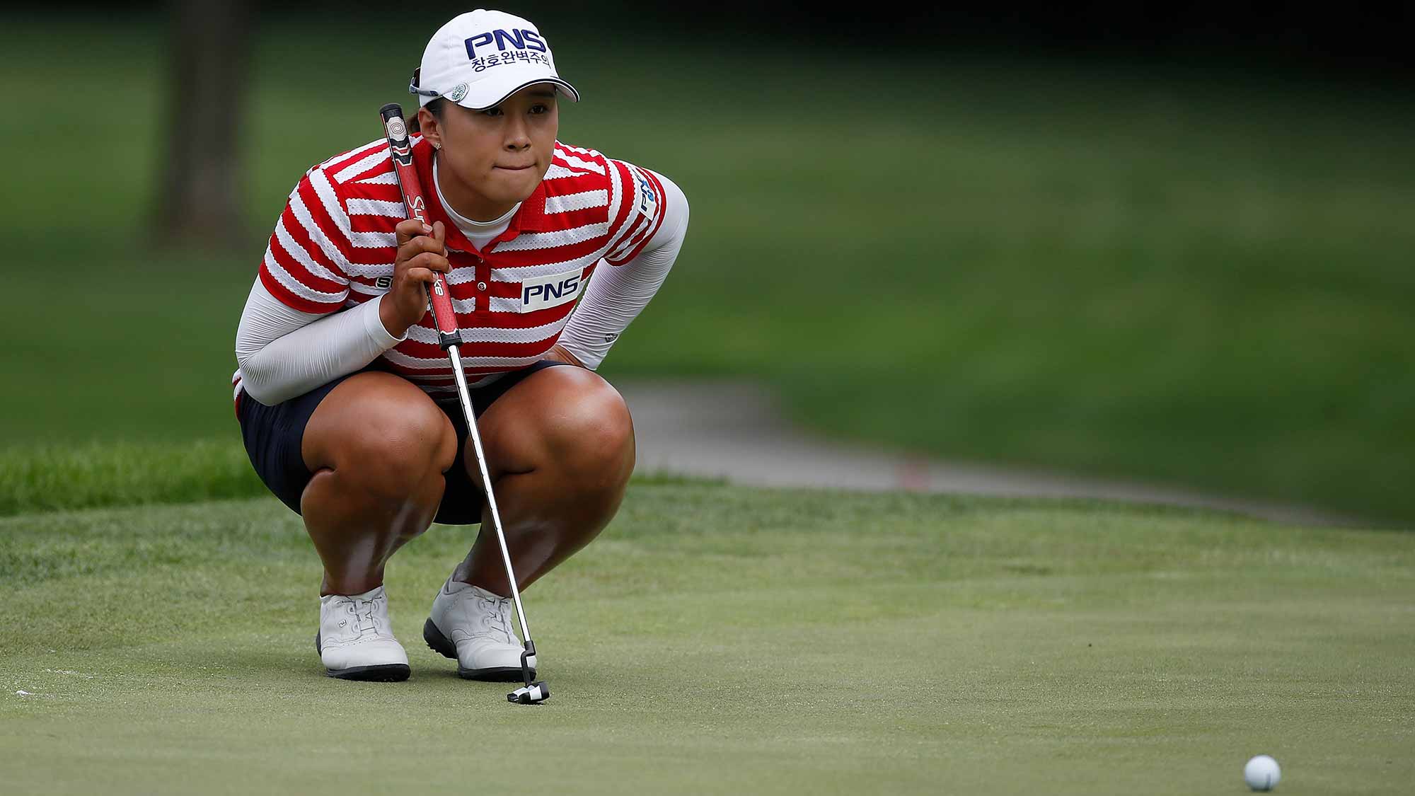 Amy Yang of South Korea reads a putt on the 12th green during the second round of the 2017 KPMG PGA Championship at Olympia Fields Country Club 