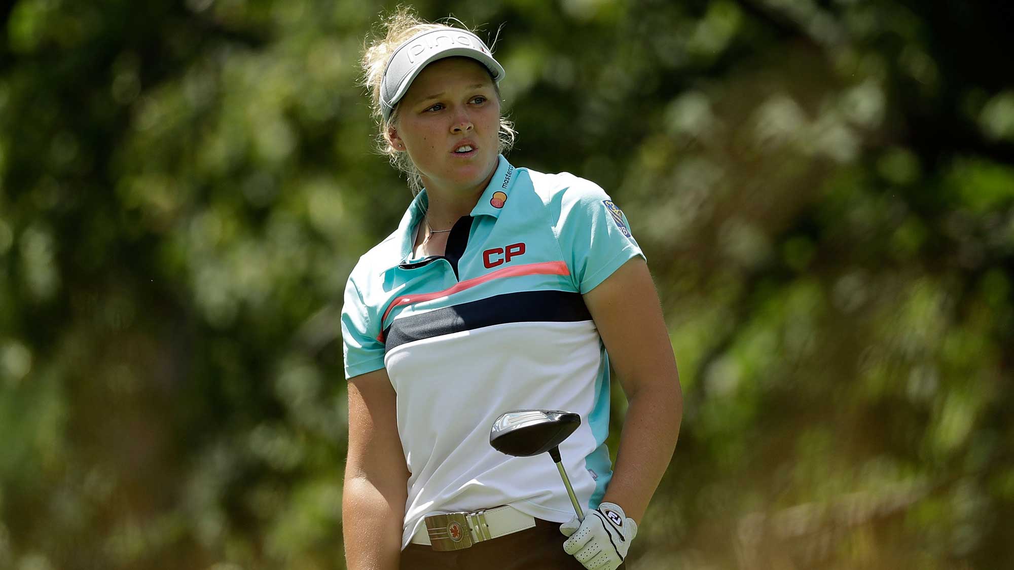Brooke Henderson of Canada watches her tee shot on the fifth hole during the third round of the 2017 KPMG PGA Championship