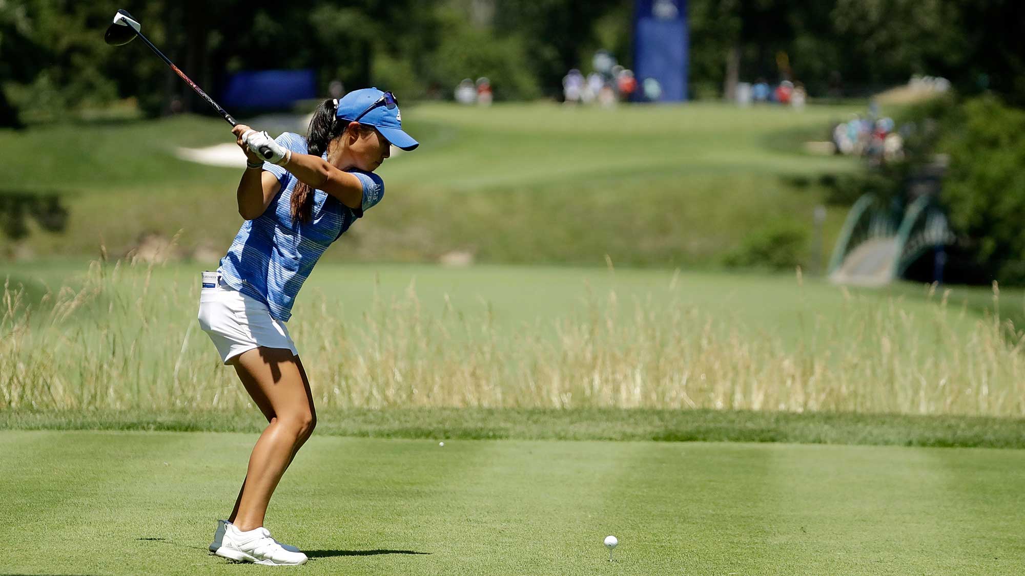 Danielle Kang hits her tee shot on the fifth hole during the final round of the 2017 KPMG PGA Championship
