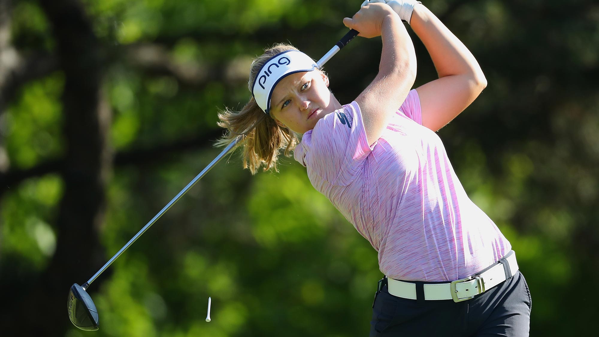 Brooke Henderson watches her tee shot on the second hole during the second round of the 2018 KPMG Women's PGA Championship