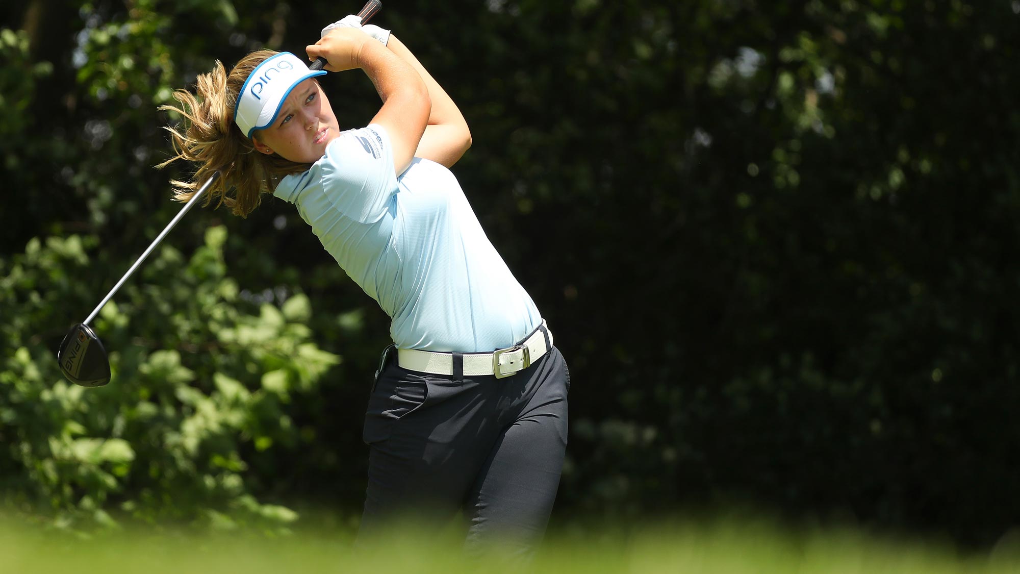 Brooke Henderson watches her drive on the fourth hole during the third round of the 2018 KPMG Women's PGA Championship