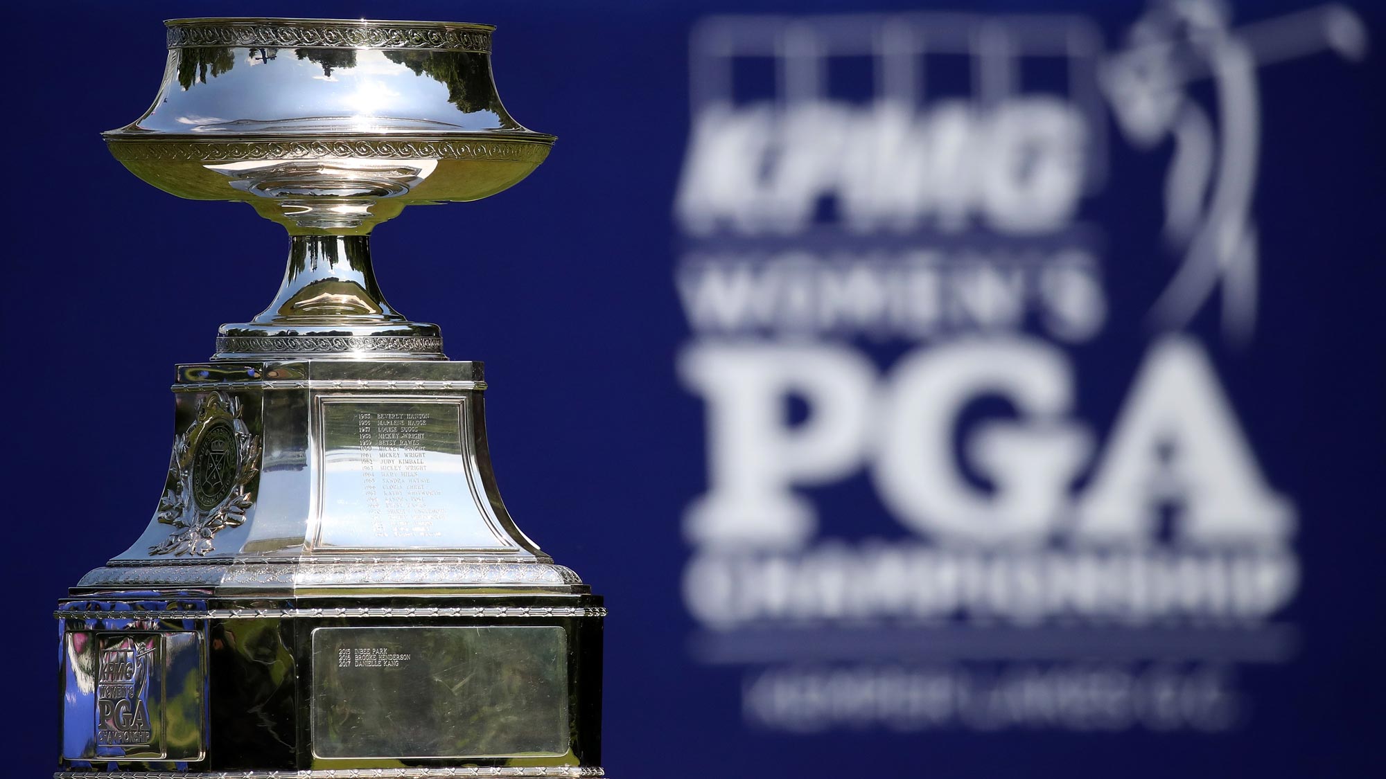A detailed view of the Championship trophy on the first tee during the final round of the KPMG Women's PGA Championship