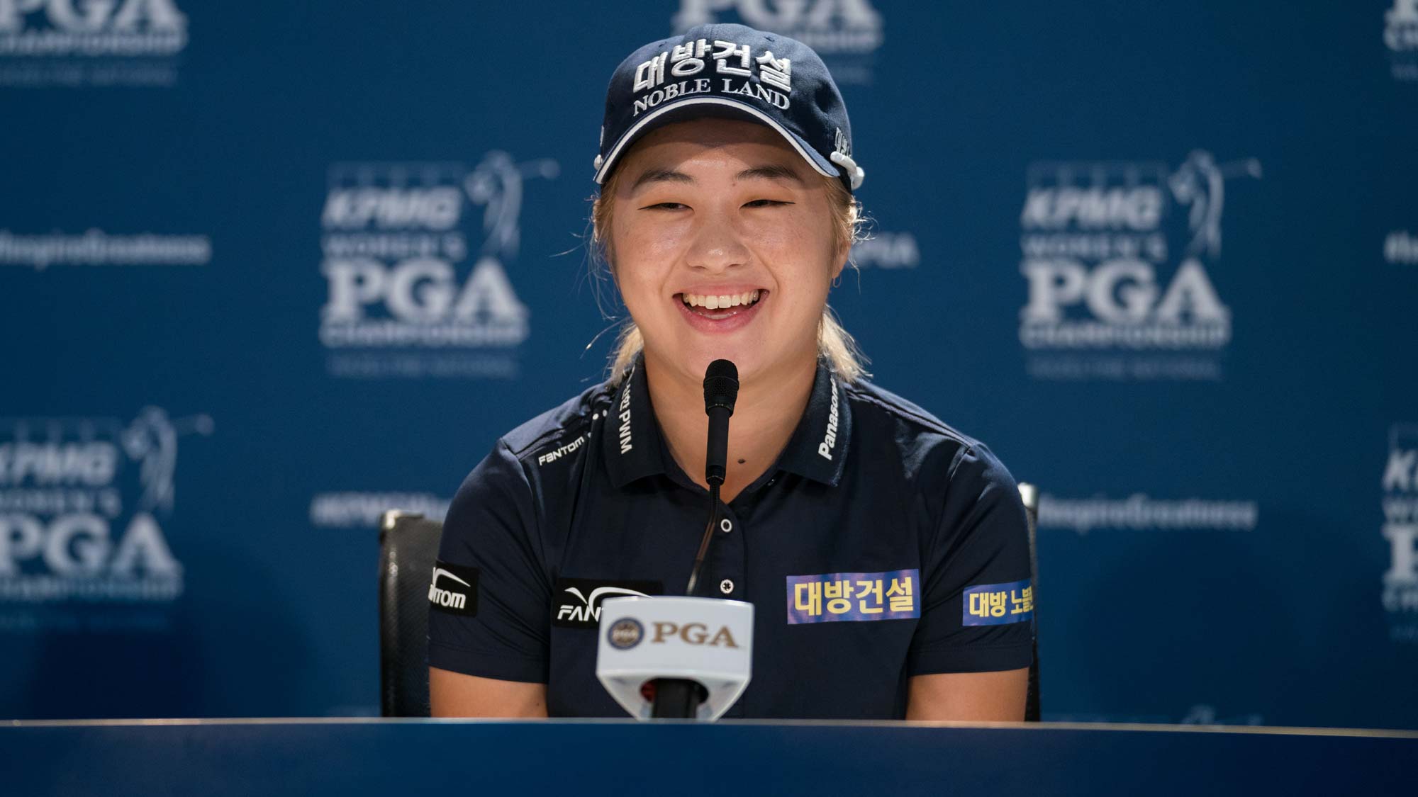 Jeongeun Lee6 of the Republic of Korea speaks at a press conference during the practice round for the 65th KPMG Women’s PGA Championship