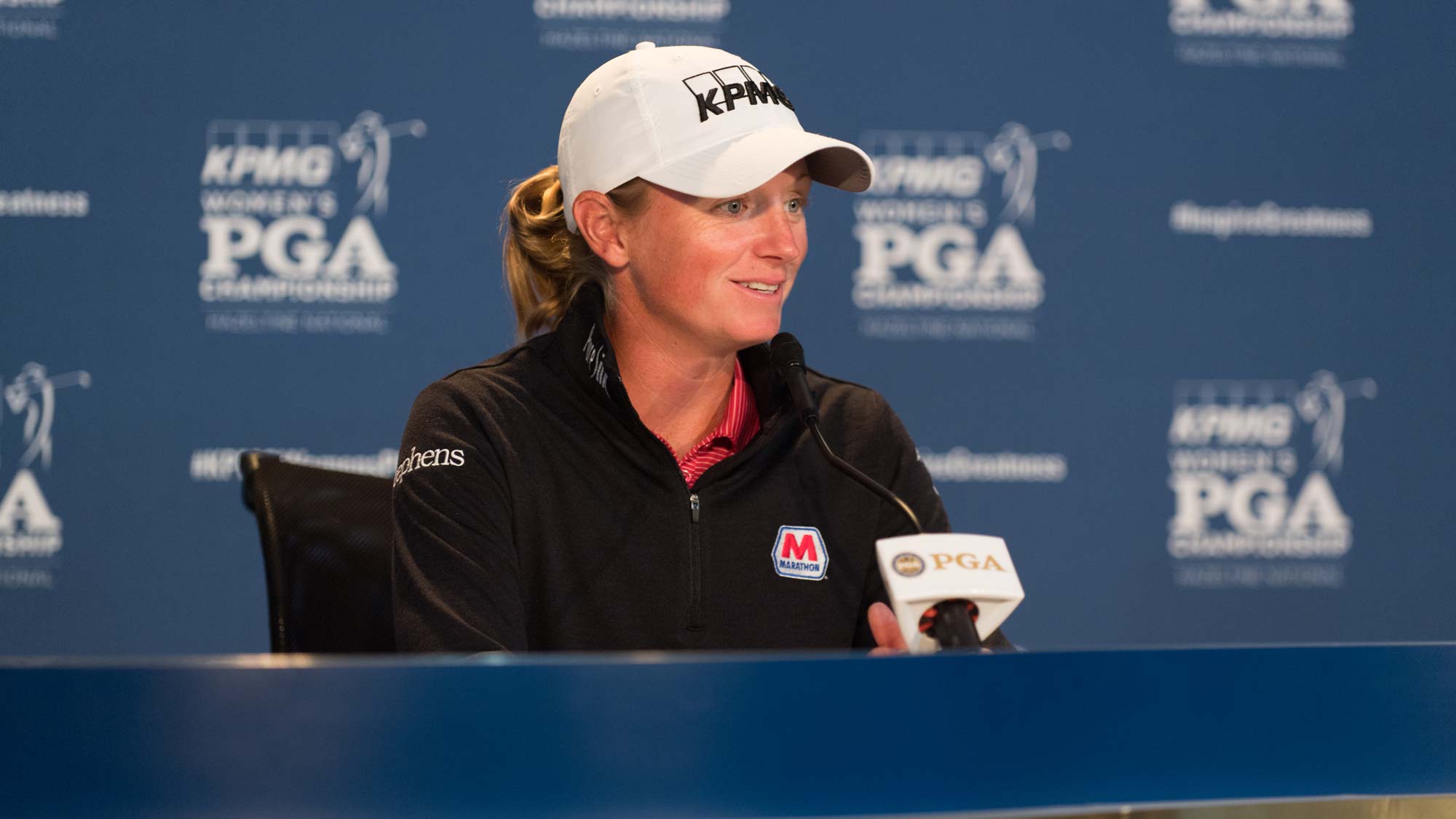 Stacy Lewis talks with the media ahead of the 2019 KPMG Women's PGA Championship