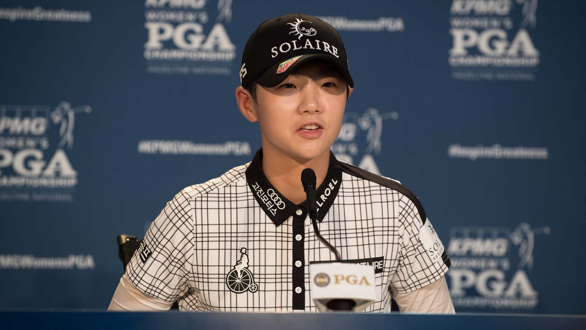 Sung Hyun Park of the Republic of Korea speaks at a press conference during the practice round for the 65th KPMG Women’s PGA Championship 
