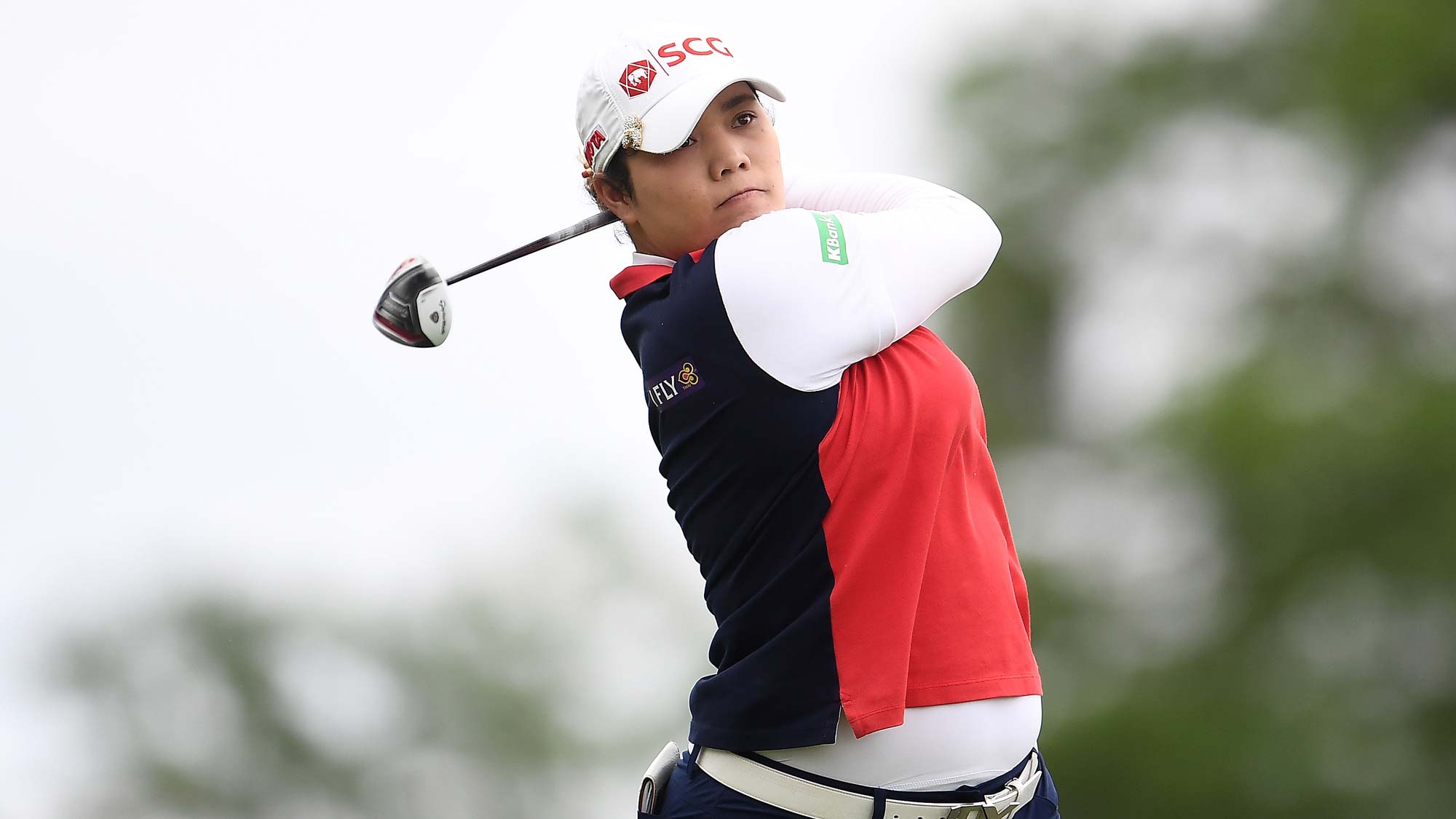 Ariya Jutanugarn of Thailand hits her tee shot on the third hole during the third round of the KPMG PGA Championship