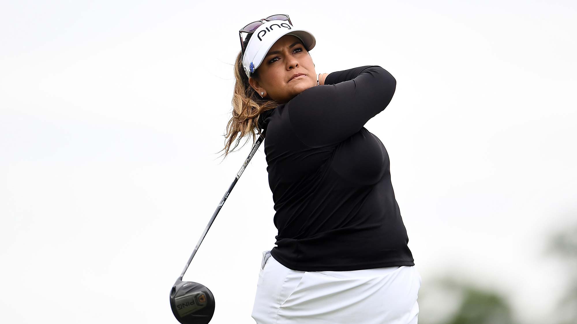 Lizette Salas hits her tee shot on the third hole during the third round of the KPMG PGA Championship 