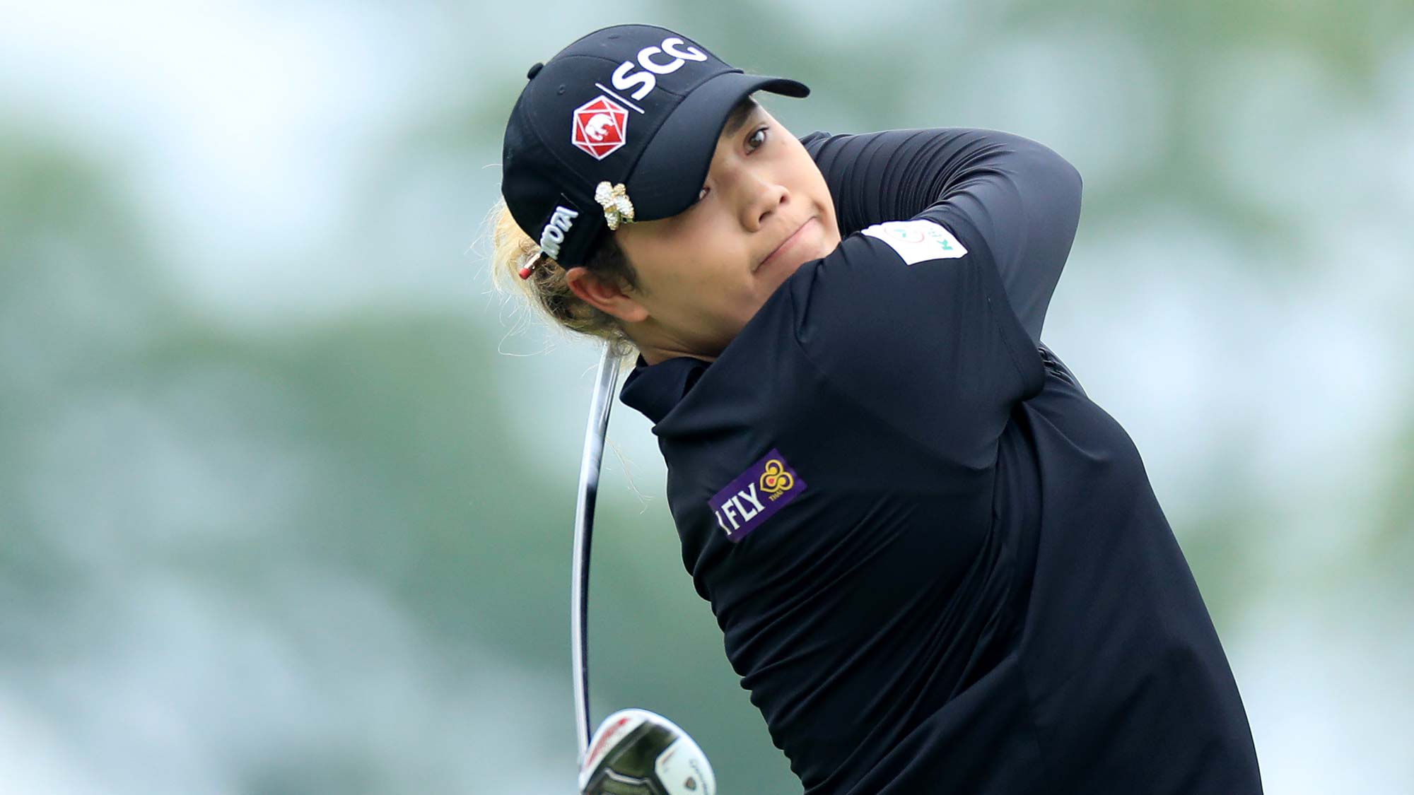 Ariya Jutanugarn of Thailand plays her tee shot on the par 5, third hole during the final round of the 2019 KPMG Women's PGA Championship