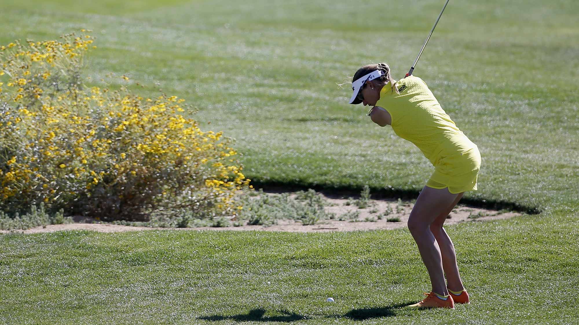 Brittany Lang hits a shot on the first hole during the second round of the LPGA JTBC Founders Cup at Wildfire Golf Club