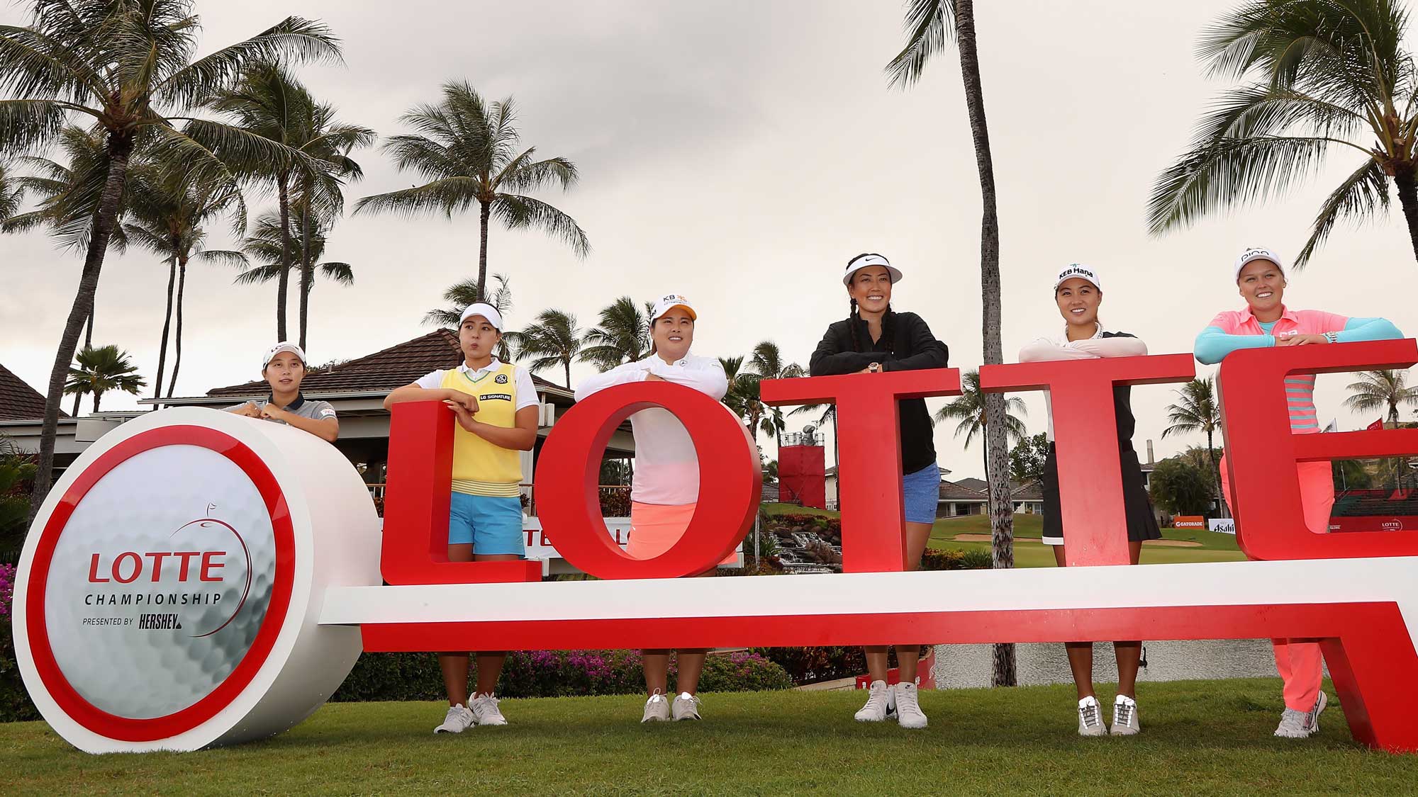 (L-R) Hyo Joo Kim, In Gee Chun, Inbee Park, Michelle Wie, Minjee Lee and Brooke M. Henderson pose together at a photo call ahead of the LPGA LOTTE Championship Presented By Hershey at Ko Olina Golf Club