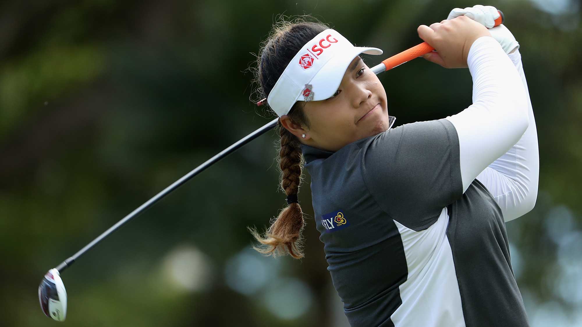 Ariya Jutanugarn of Thailand plays a tee shot on the eighth hole during the first round of the LPGA LOTTE Championship Presented By Hershey