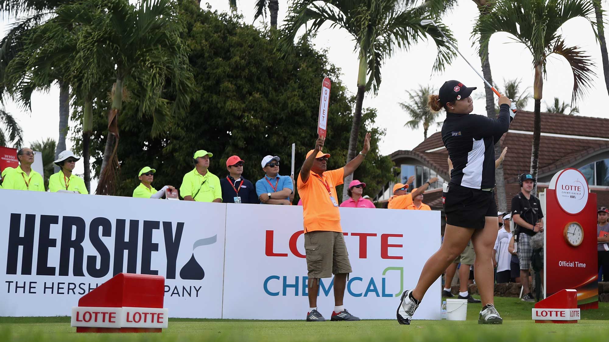 Ariya Jutanugarn of Thailand plays a tee shot on the first hole during the final round of the LPGA LOTTE Championship Presented By Hershey 