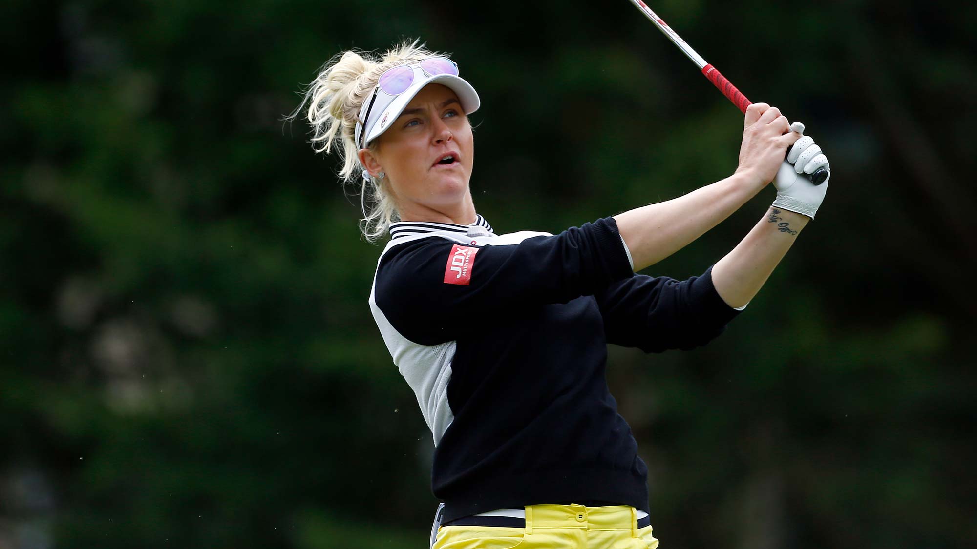 Charley Hull of England tees of on the 3rd hole during the final round of the LPGA Mediheal Championship