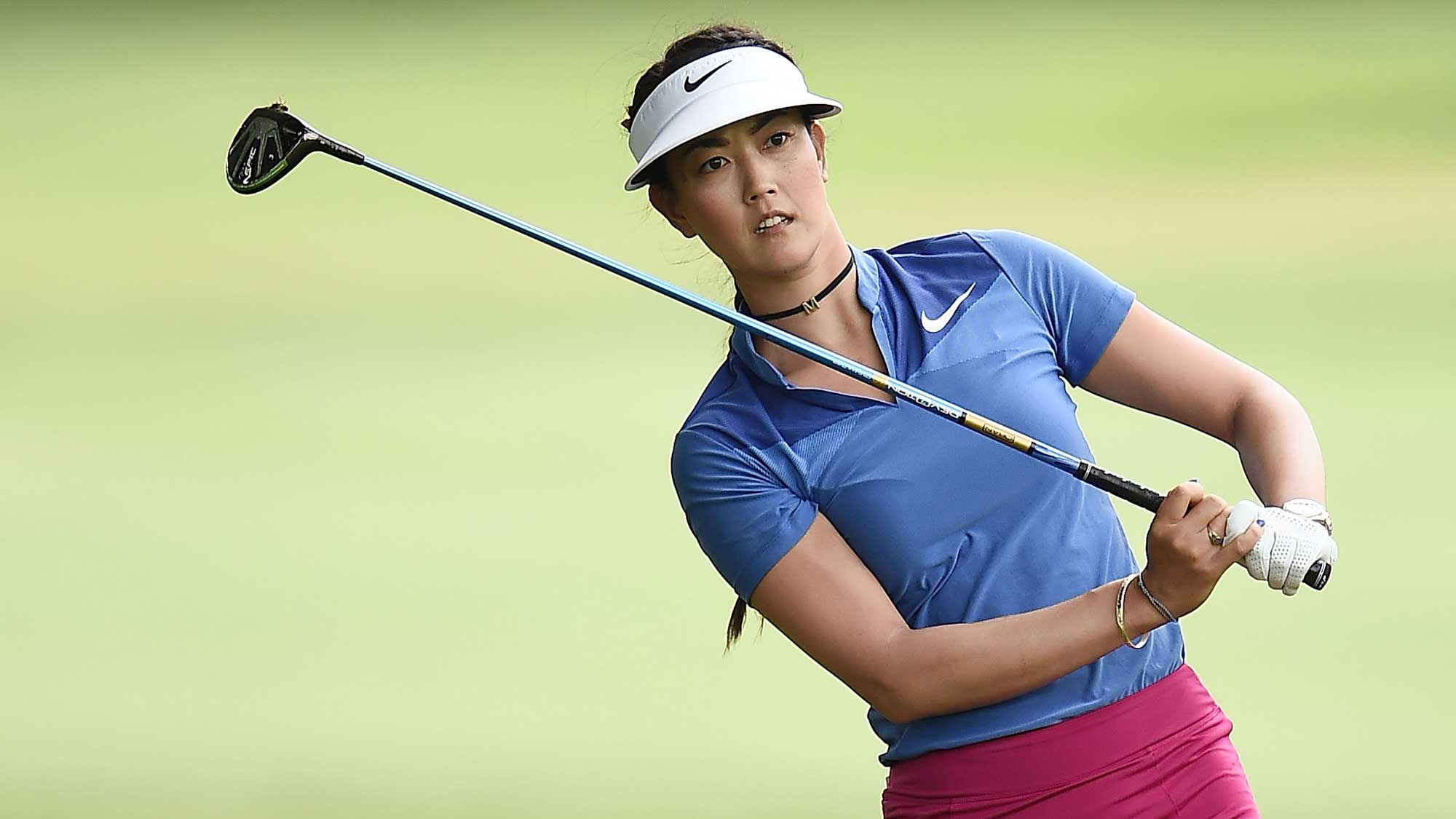 Michelle Wie hits her second shot on the first hole during the final round of the Meijer LPGA Classic