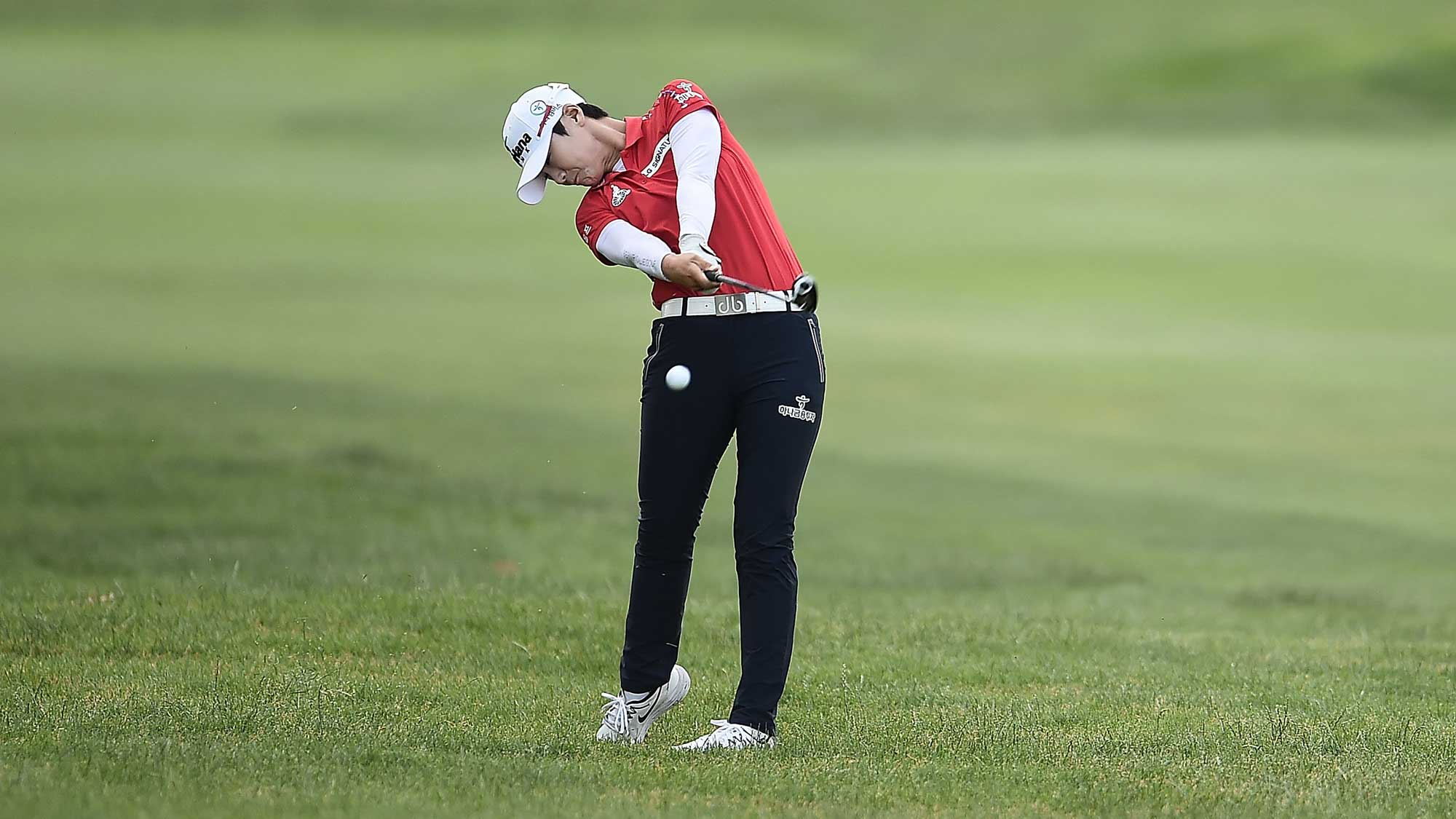 Sung Hyun Park of South Korea hits her second shot on the first hole during the final round of the Meijer LPGA Classic