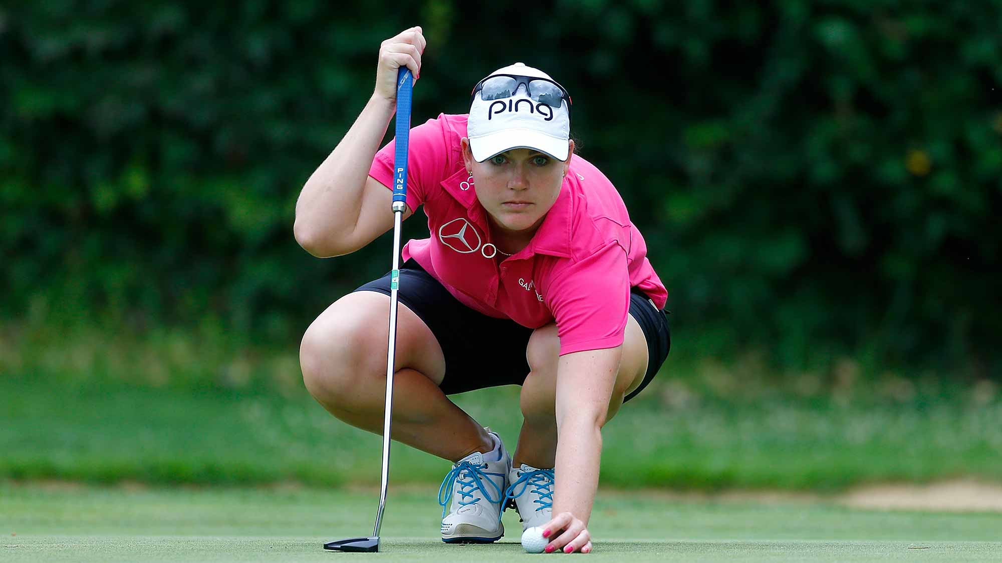 Caroline Mason of Germany lines up a putt on the 9th hole during the second round of the LPGA Cambia Portland Classic at Columbia Edgewater Country Club