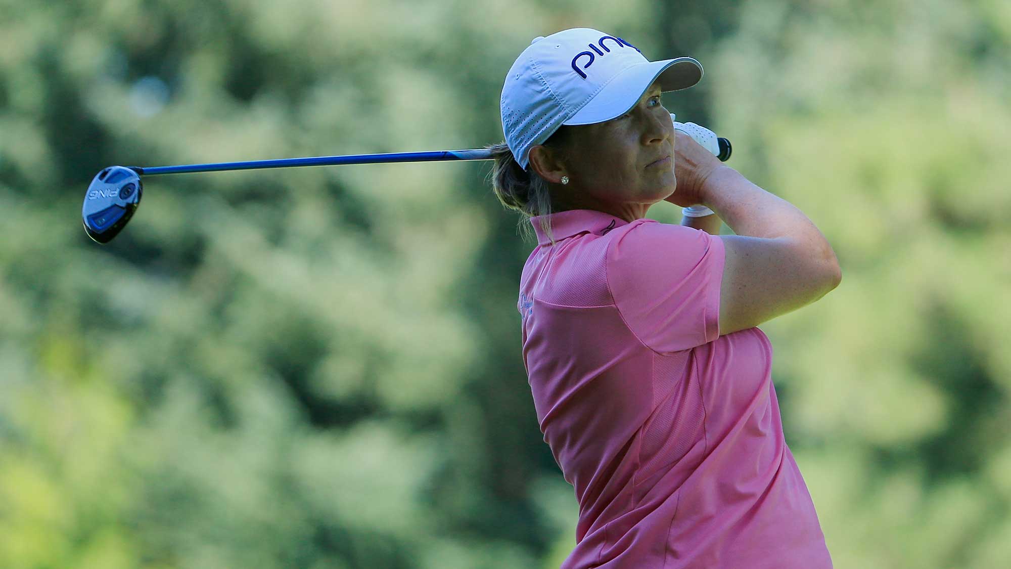 Angela Stanford hits her drive on the 11th hole during the first round of the Cambia Portland Classic