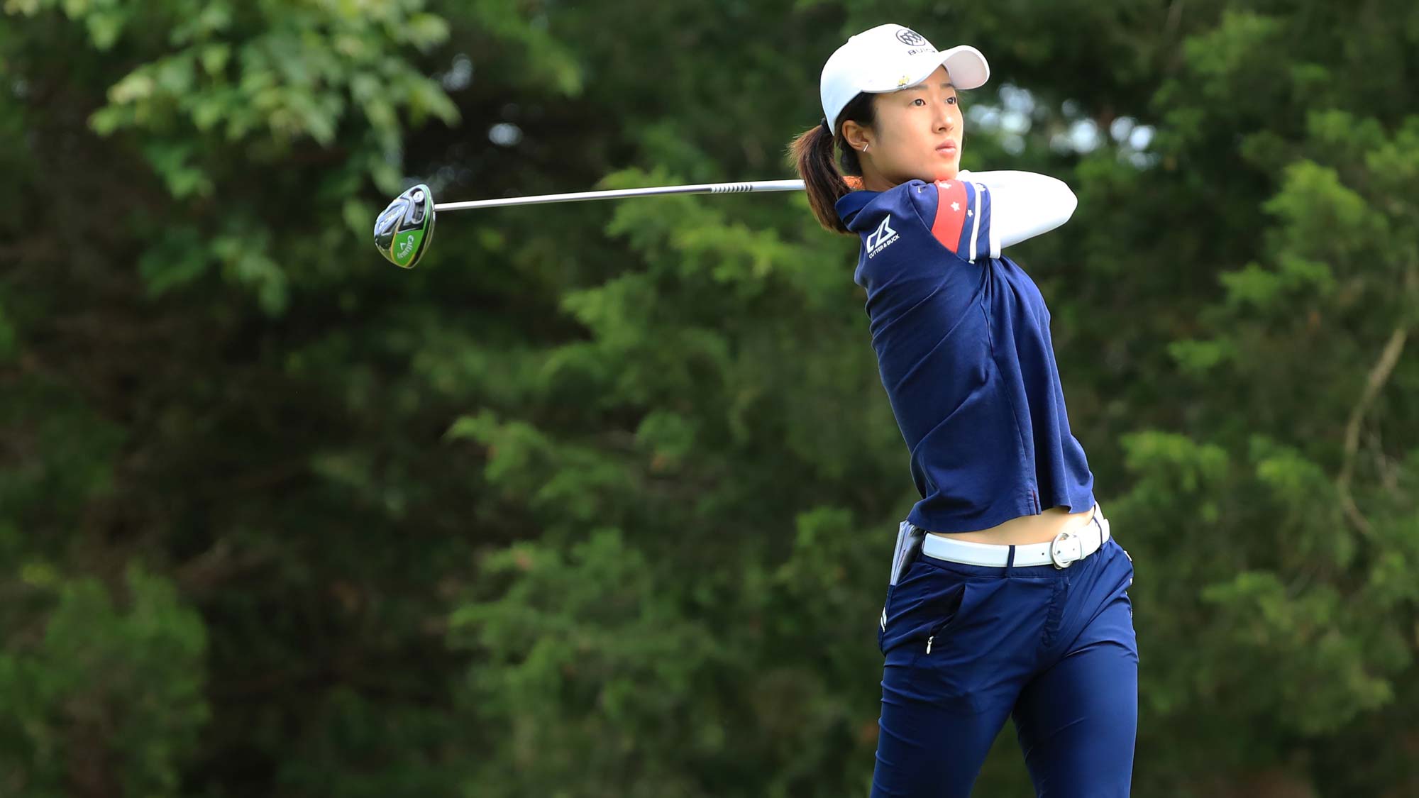Yu Liu of China hits her tee shot on the 16th hole during the second round of the ShopRite LPGA Classic presented by Acer