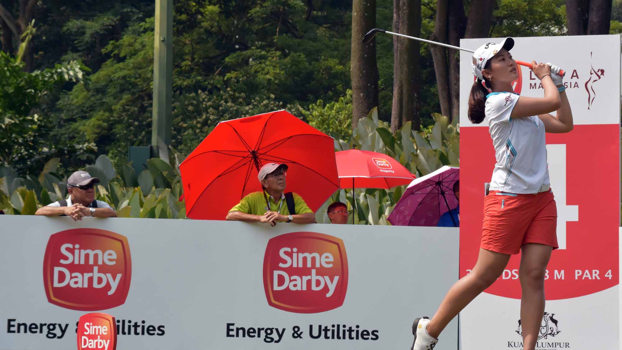 Xi Yu Lin of China plays her tee shot on the 4th hole during round two of the Sime Darby LPGA Tour at Kuala Lumpur Golf & Country Club