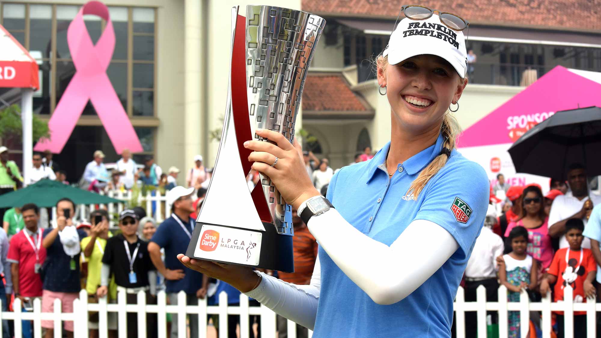Jessica Korda of USA poses with the 2015 Sime Darby LPGA Tour trophy during the live TV presentation after the final round of the Sime Darby LPGA Tour at Kuala Lumpur Golf & Country Club