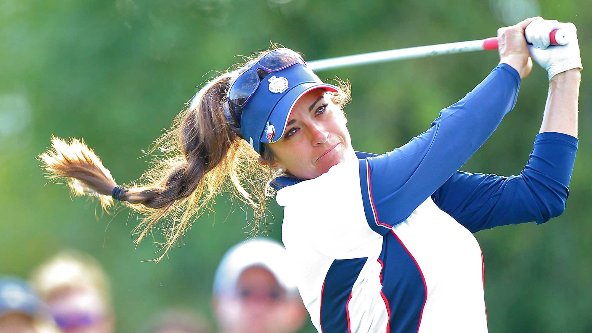 Gerina Piller of the United States Team tees off during an afternoon fourball match at the 2015 Solheim Cup