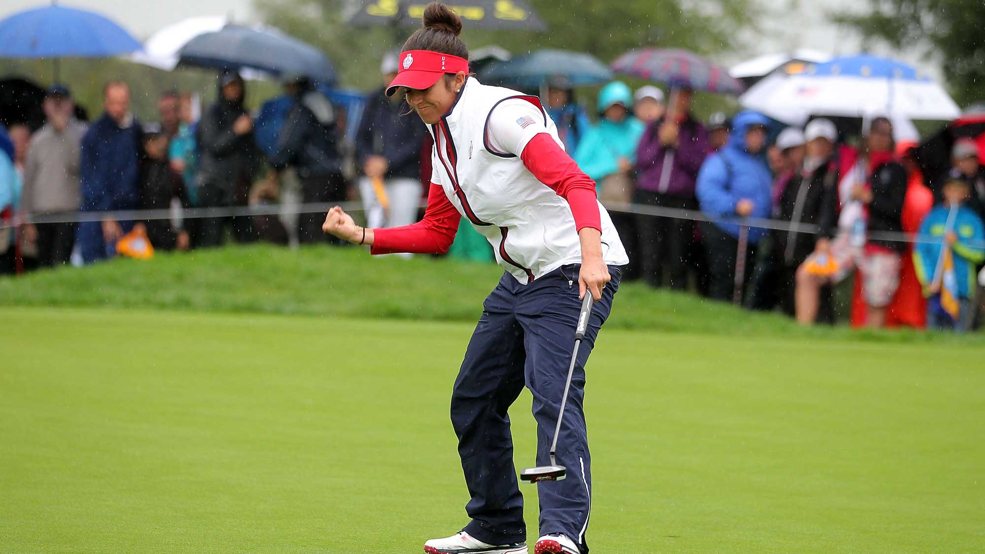 Gerina Piller of the United States Team celebrates during the continuation of the afternoon fourball matches on day one of the Solheim Cup 2015