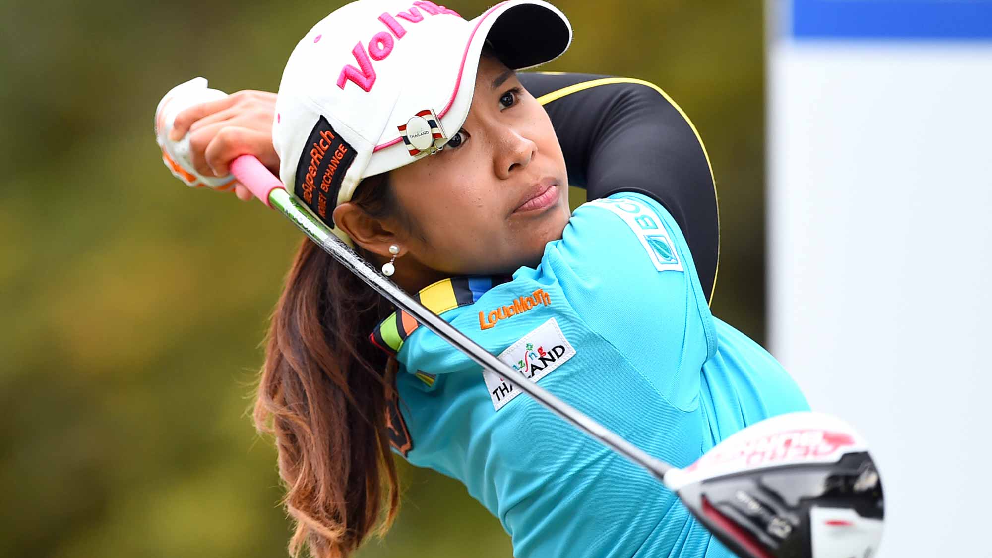 Pornanong Phatlum of Thailand hits her tee shot on the 18th hole during the second round of the TOTO Japan Classics 2015 at the Kintetsu Kashikojima Country Club