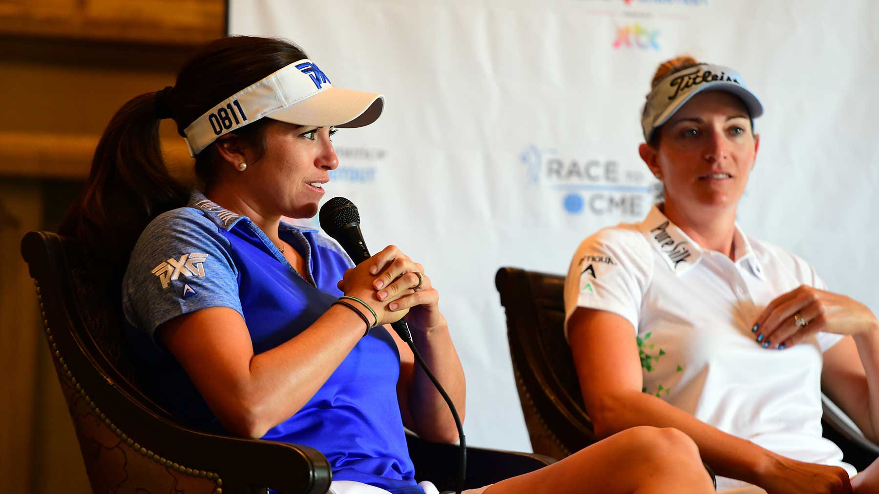 Gerina Piller (left) and Brittany Lang talk to the media before the 2016 VOA Texas Shootout Presented by JTBC