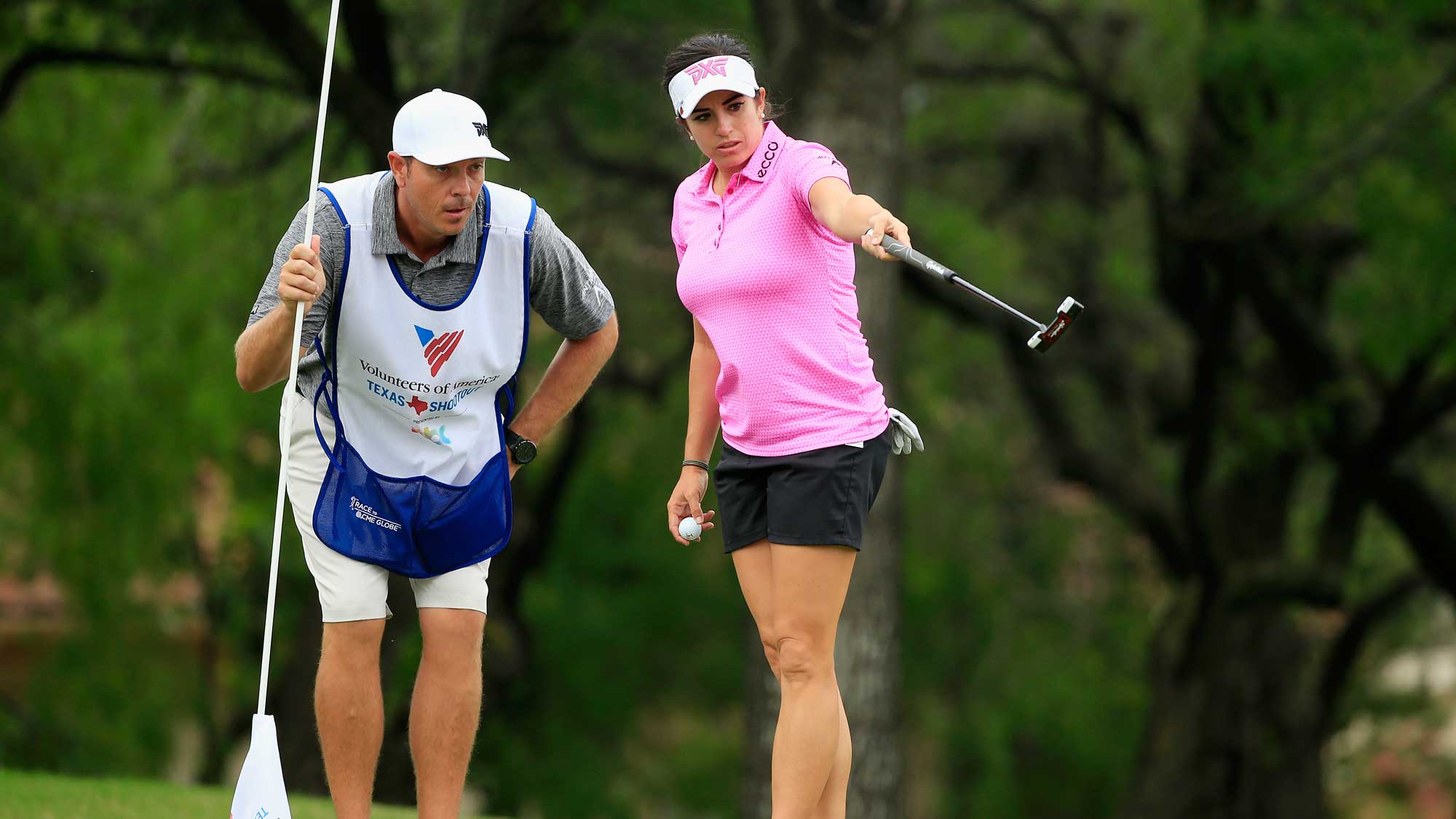 Gerina Piller reads a putt with her caddie Brian Dilley on the second green during the second round of the Volunteers of America Texas Shootout