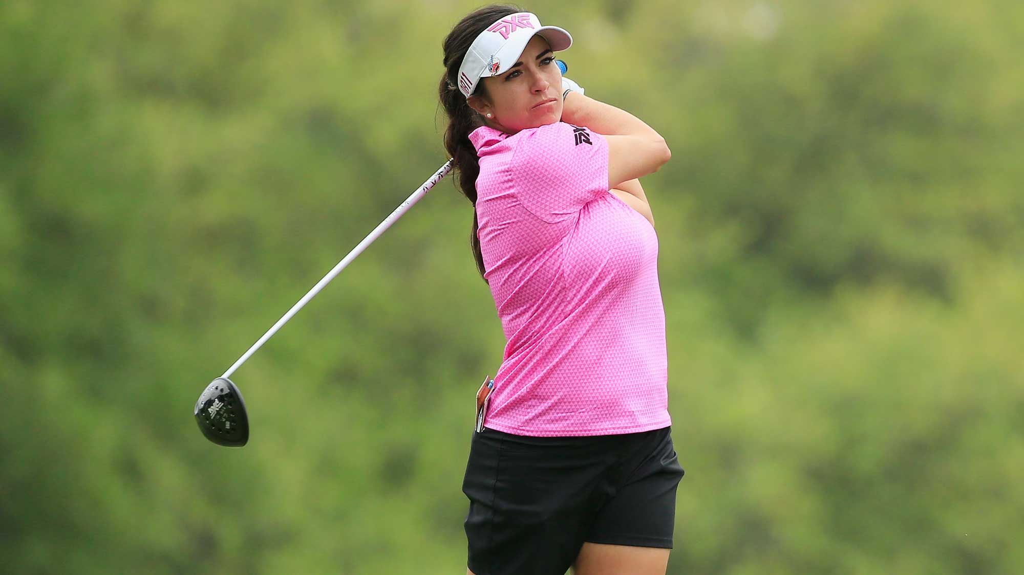 Gerina Piller watches her tee shot on the third hole during the second round of the Volunteers of America Texas Shootout