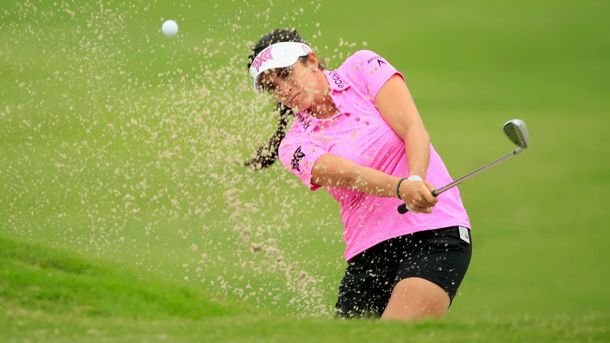 Gerina Piller plays a bunker shot on the tenth hole during the second round of the Volunteers of America Texas Shootout